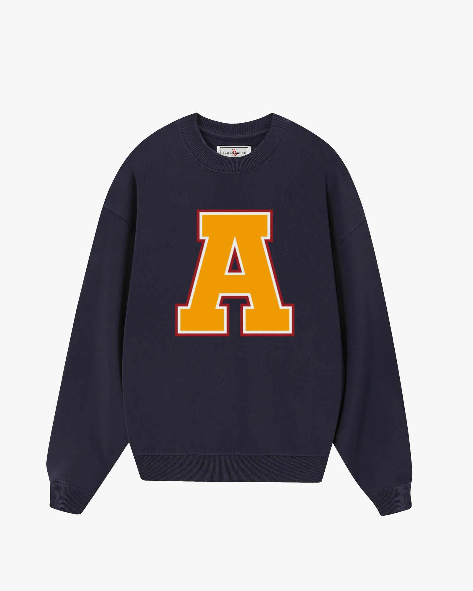 French Navy Varsity Monogram Sweatshirt with bold letter A, premium unisex collegiate sweatshirt by Baron & Buck