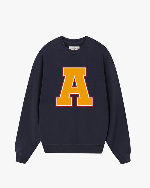 French Navy Varsity Monogram Sweatshirt with bold letter A, premium unisex collegiate sweatshirt by Baron & Buck