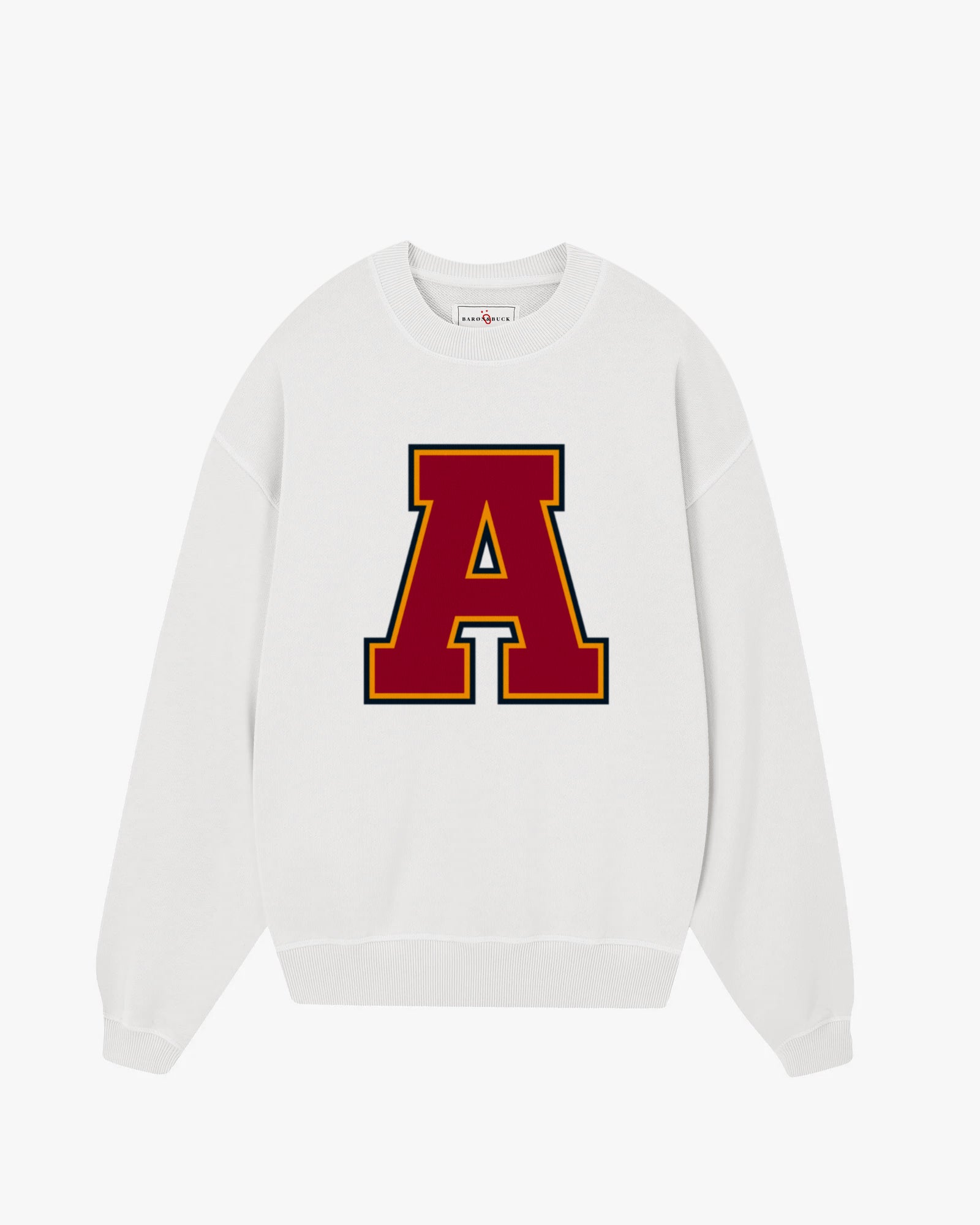 White sweatshirt with a red and yellow 'A' logo on a white background