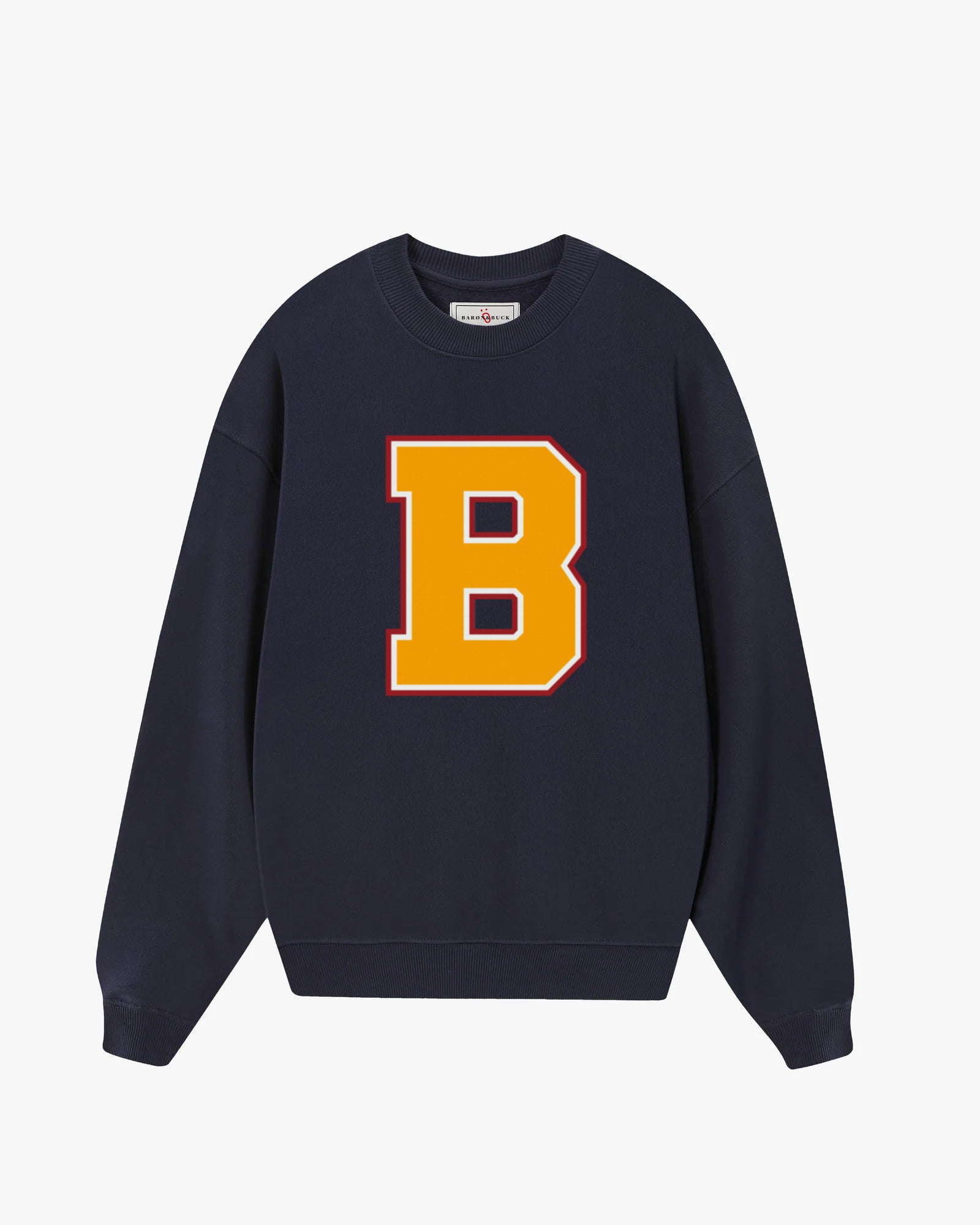French Navy Varsity Monogram Sweatshirt with bold letter B, premium unisex collegiate sweatshirt by Baron & Buck