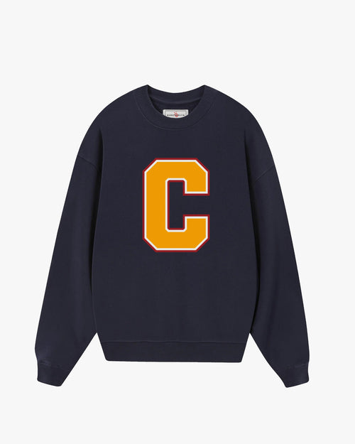 French Navy Varsity Monogram Sweatshirt with bold letter C, premium unisex collegiate sweatshirt by Baron & Buck