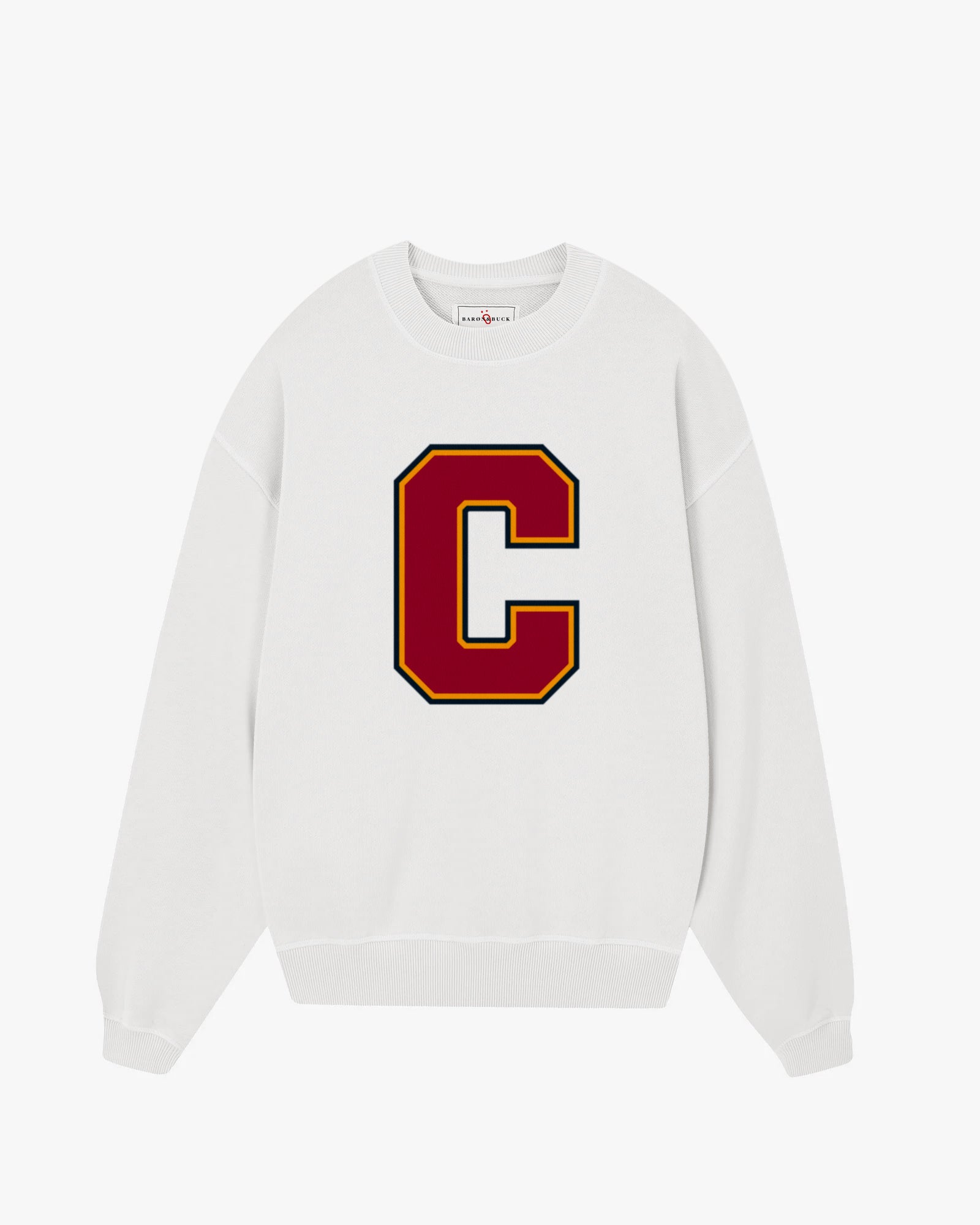 White Varsity Monogram Sweatshirt with bold letter C, premium unisex collegiate sweatshirt by Baron & Buck