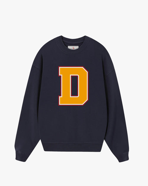 French Navy Varsity Monogram Sweatshirt with bold letter D, premium unisex collegiate sweatshirt by Baron & Buck