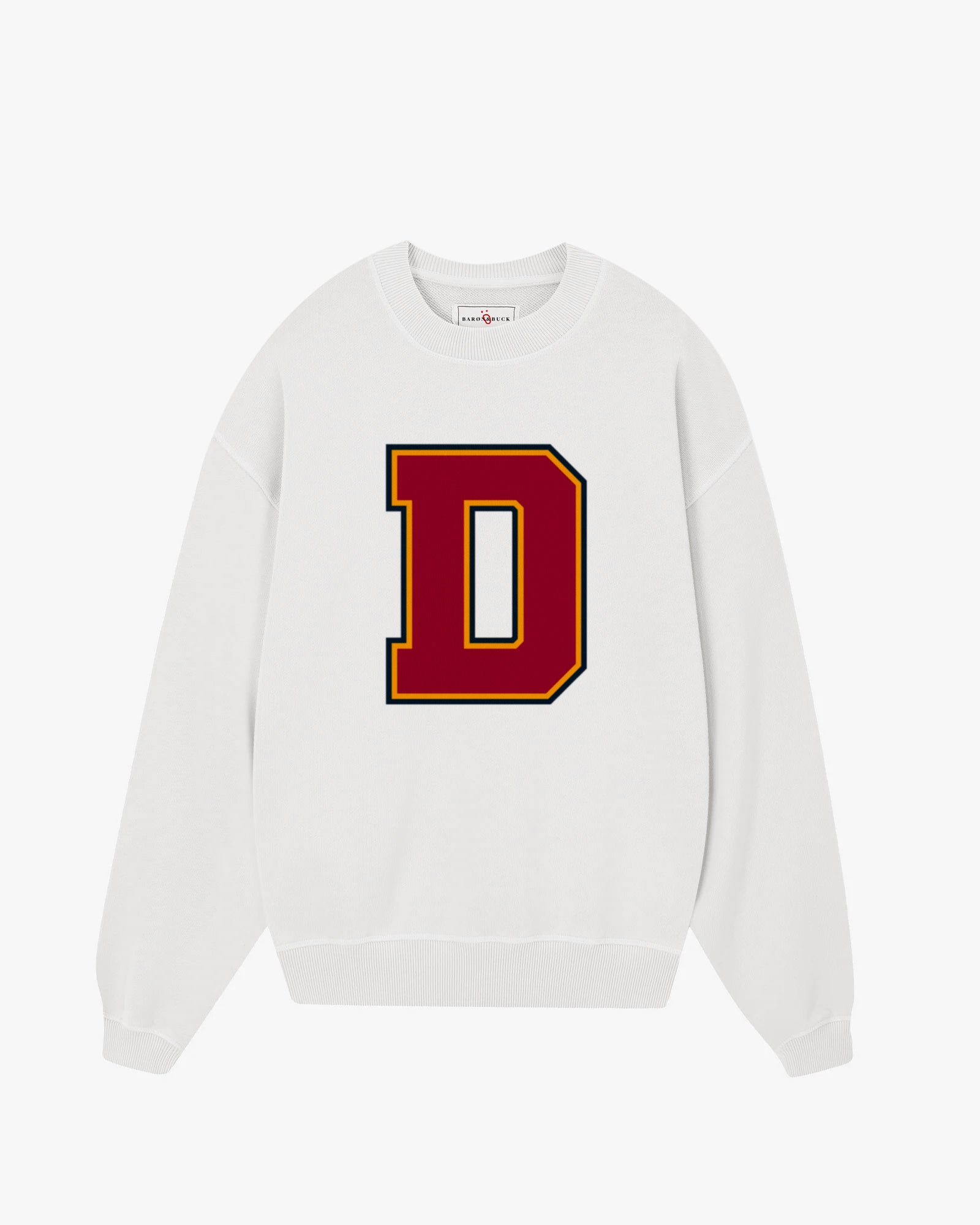 White Varsity Monogram Sweatshirt with bold letter D, premium unisex collegiate sweatshirt by Baron & Buck