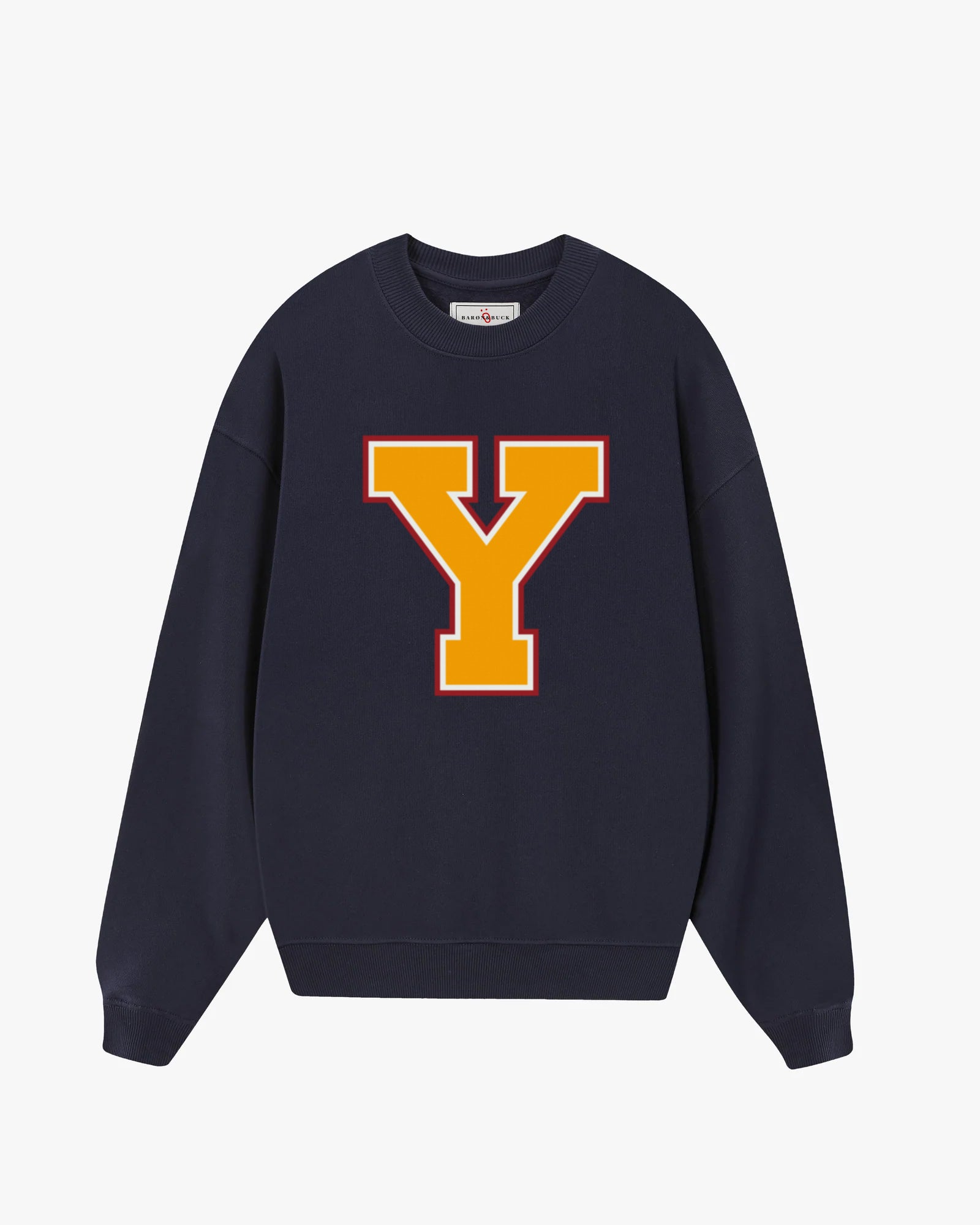 French Navy Varsity Monogram Sweatshirt with bold letter Y, premium unisex collegiate sweatshirt by Baron & Buck