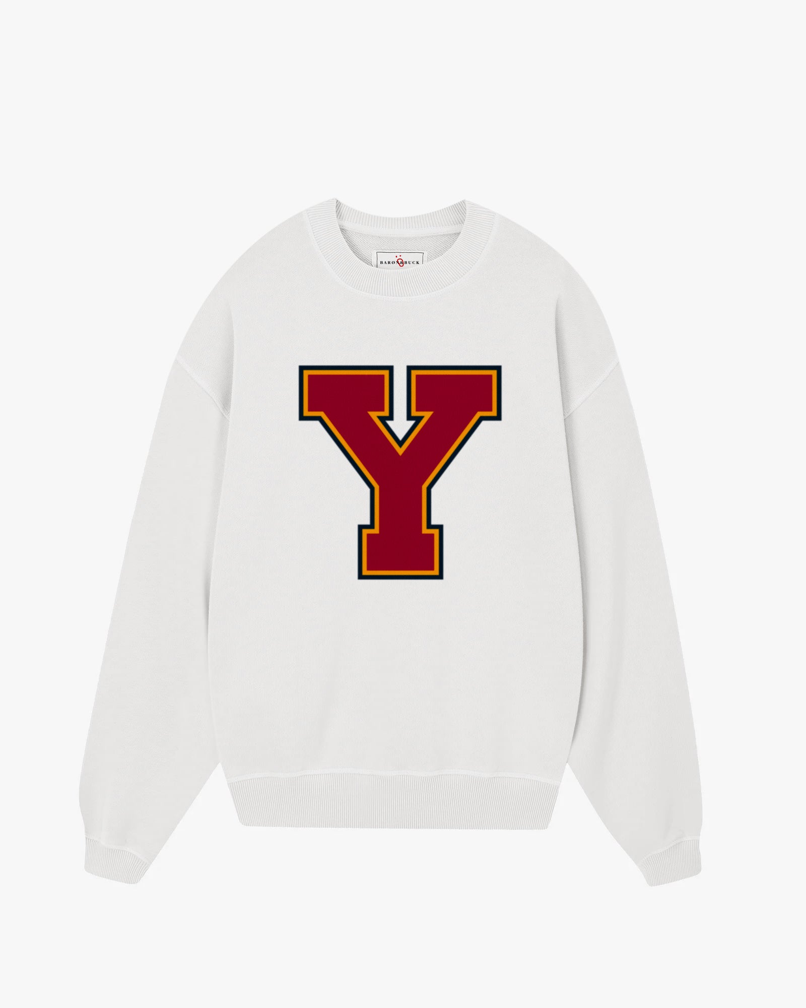 White Varsity Monogram Sweatshirt with bold letter Y, premium unisex collegiate sweatshirt by Baron & Buck