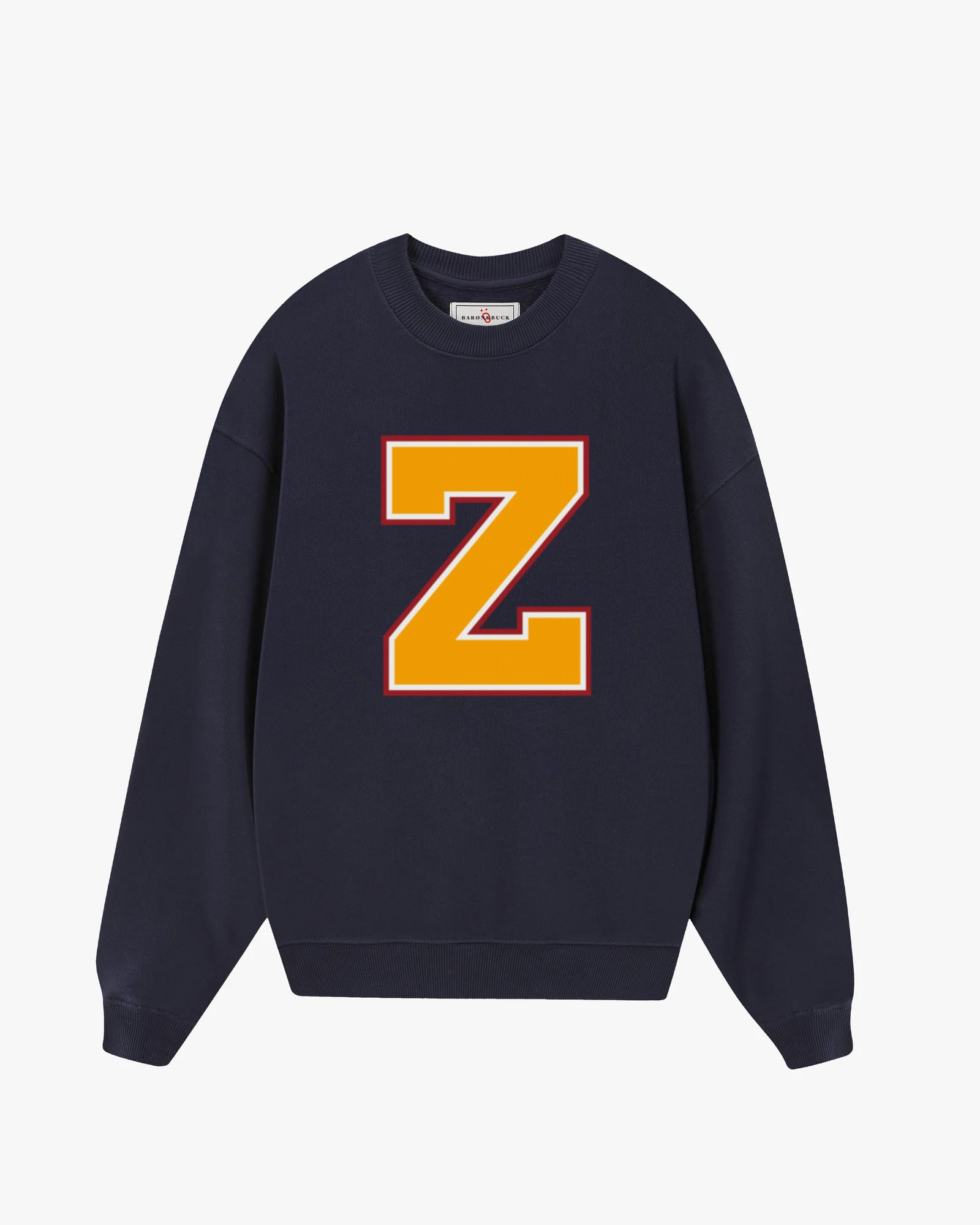 French Navy Varsity Monogram Sweatshirt with bold letter Z, premium unisex collegiate sweatshirt by Baron & Buck