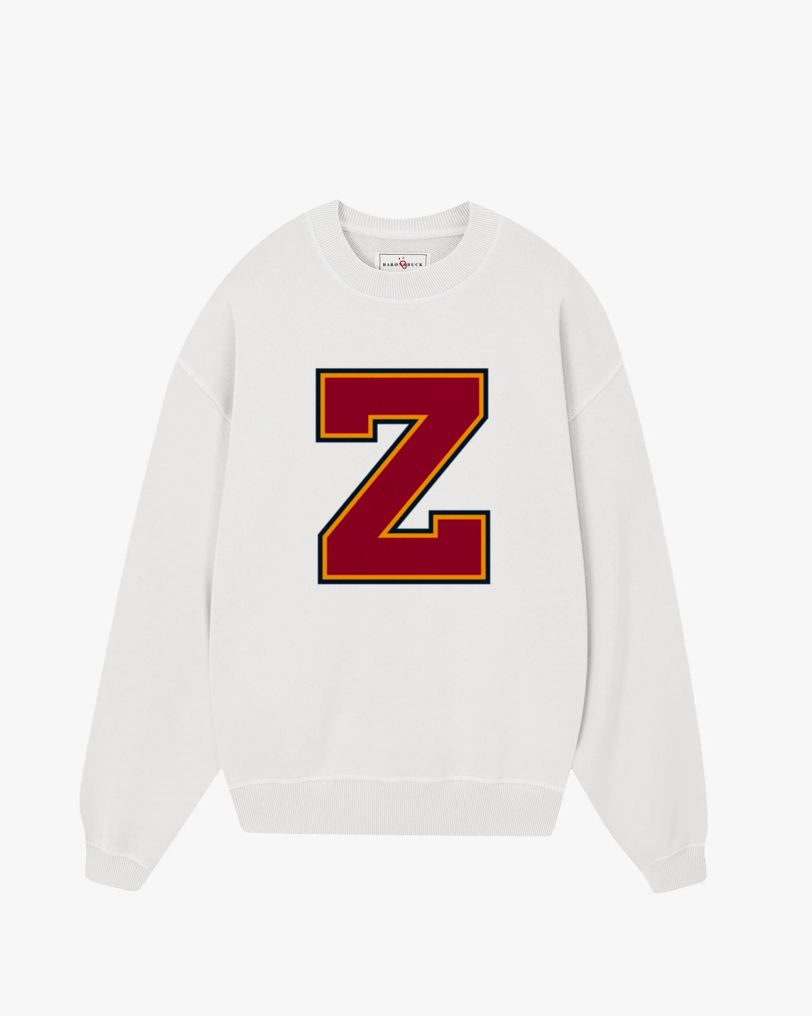 White Varsity Monogram Sweatshirt with bold letter Z, premium unisex collegiate sweatshirt by Baron & Buck