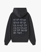 Back view of Baron & Buck ash hoodie featuring handwritten white text that reads, “HA HA HA OH FUCK” — a soft, poetic streetwear statement of a collective breakdown.