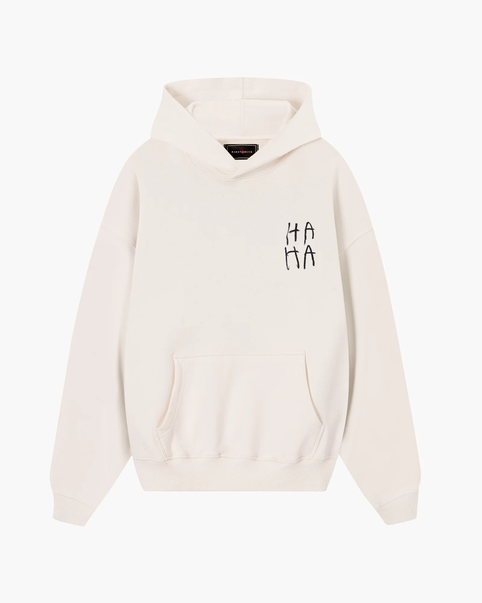 Front view of Baron & Buck marshmallow hoodie featuring handwritten black text that reads, “HA HA ” — a soft, poetic streetwear statement.