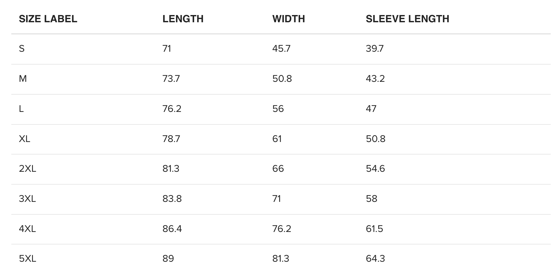 Baron & Buck adult t-shirts size chart in centimeters – detailed sizing guide for unisex t-shirts to help customers find the perfect fit.