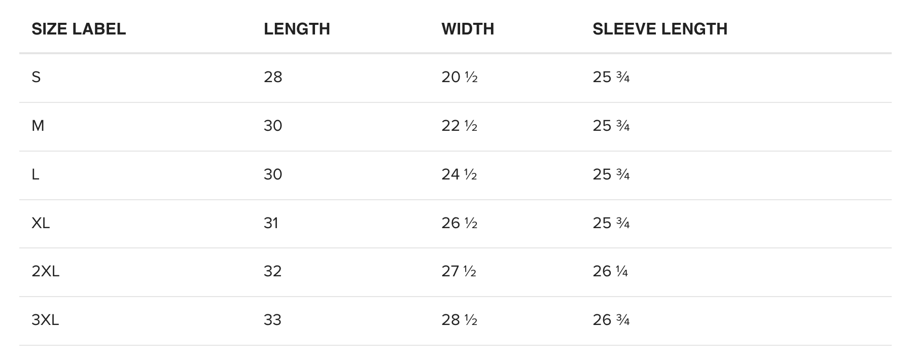 Baron & Buck hoodie size chart in inches – detailed sizing guide for unisex streetwear, hoodies, t-shirts and sweatshirts to help customers find the perfect fit.