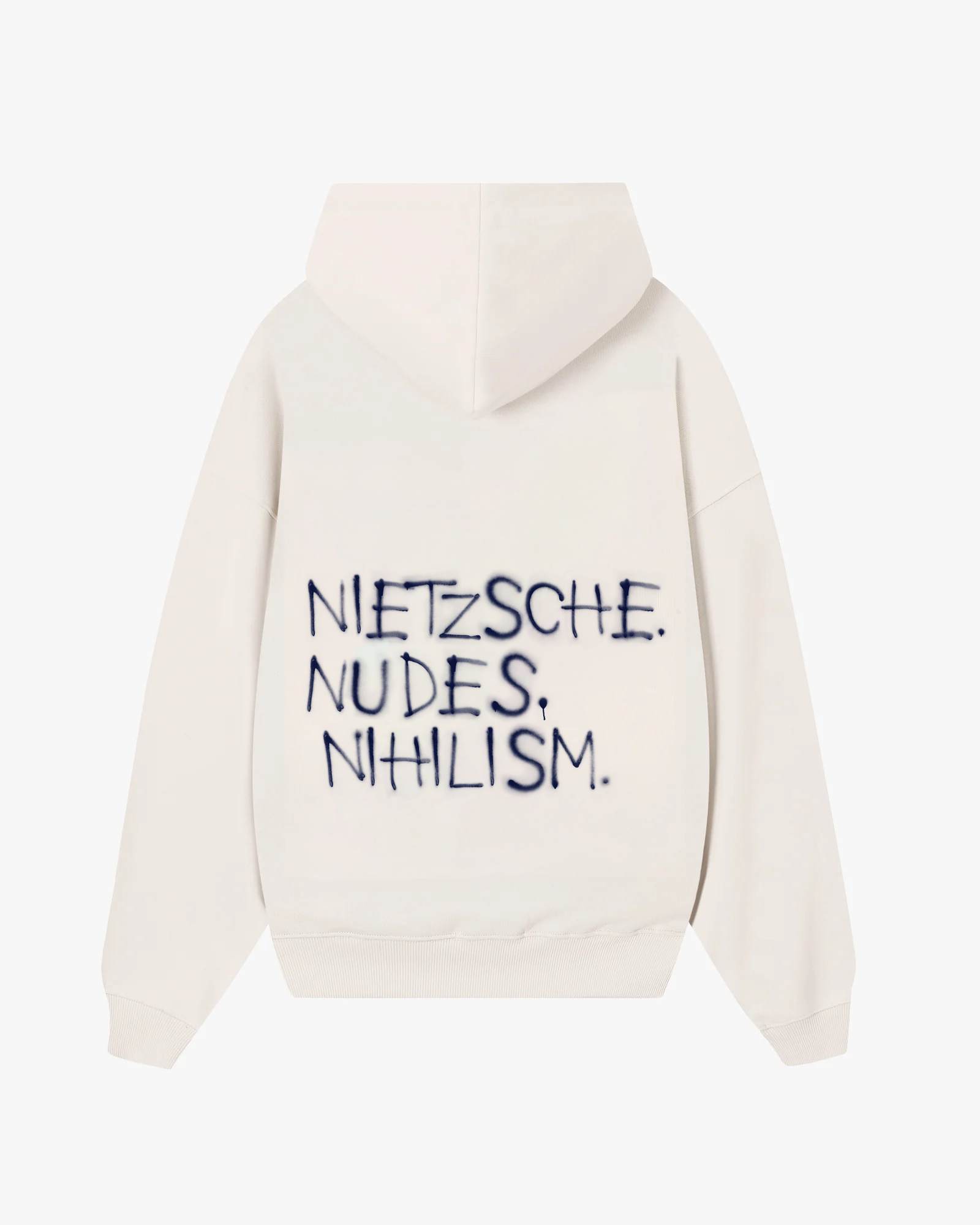 Back view of Baron & Buck marshmallow hoodie featuring black text that reads, “Nietzsche. Nudes. Nihilism.” — a soft, poetic streetwear statement.
