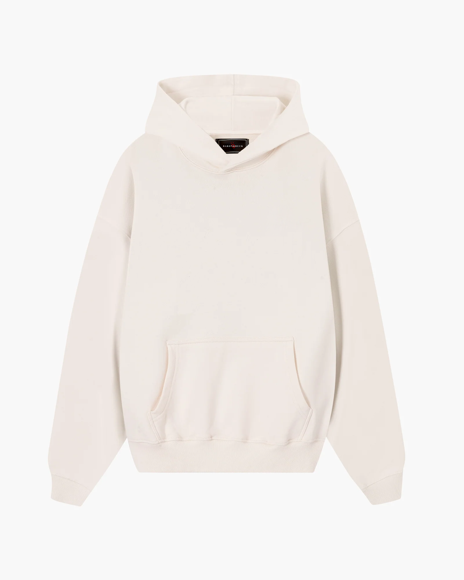 Front view of Baron & Buck Marshmallow hoodie featuring blue text that reads, “Strong ass bitch” — a soft, poetic streetwear statement.