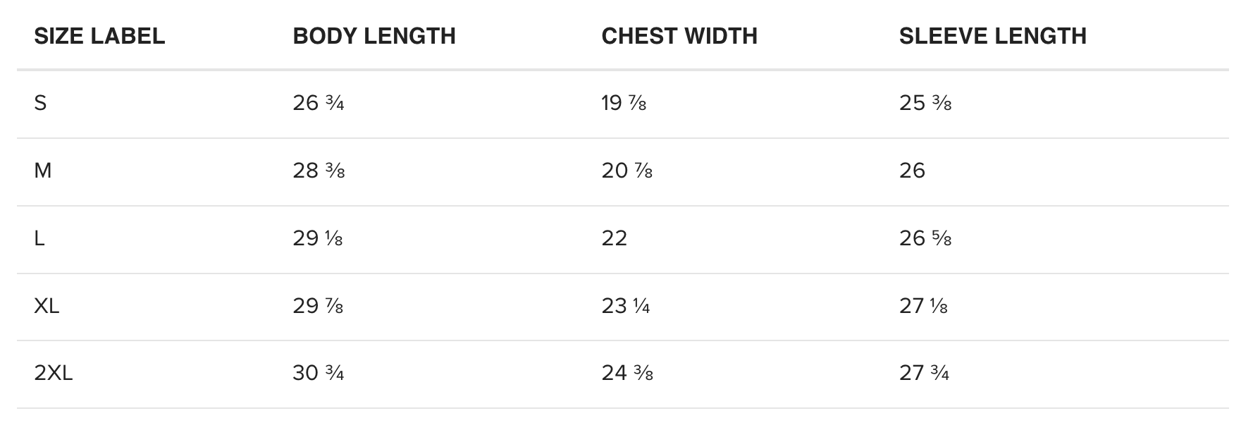 Baron & Buck adult sweatshirts size chart in inches – detailed sizing guide for unisex streetwear, hoodies, t-shirts and sweatshirts to help customers find the perfect fit.
