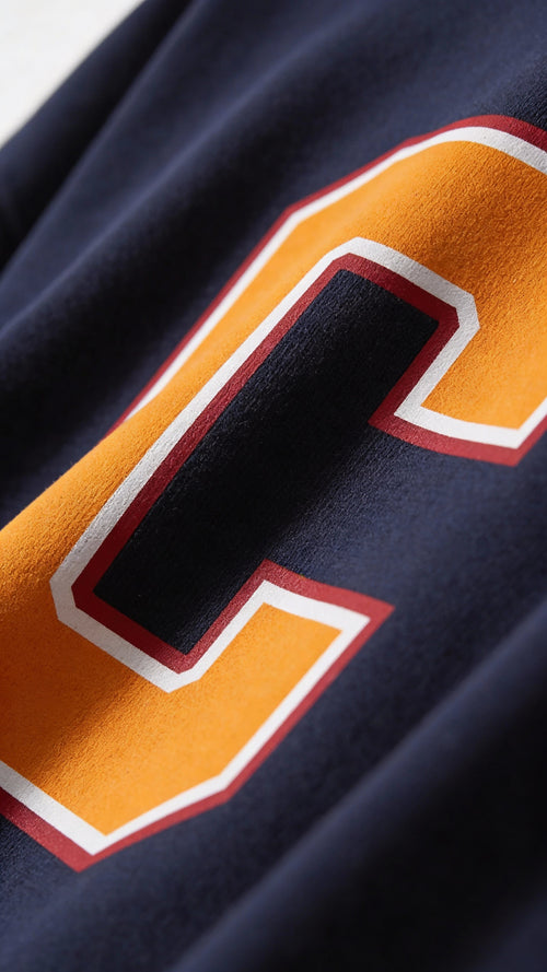 Close-up of varsity monogram letter C print on French Navy cotton sweatshirt