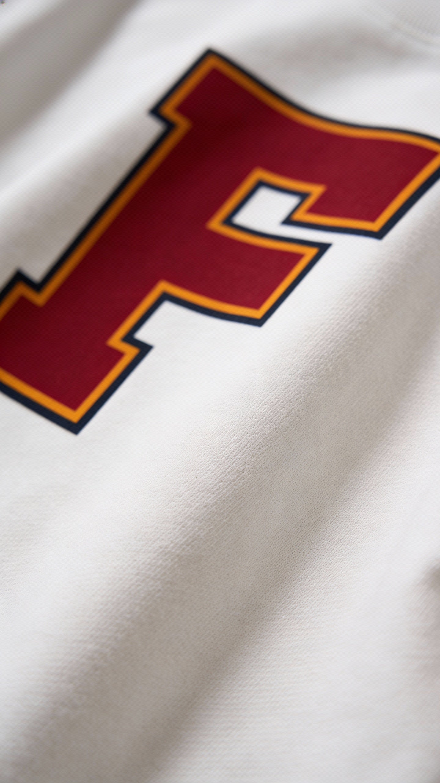 Close-up of varsity monogram letter F print on White cotton sweatshirt