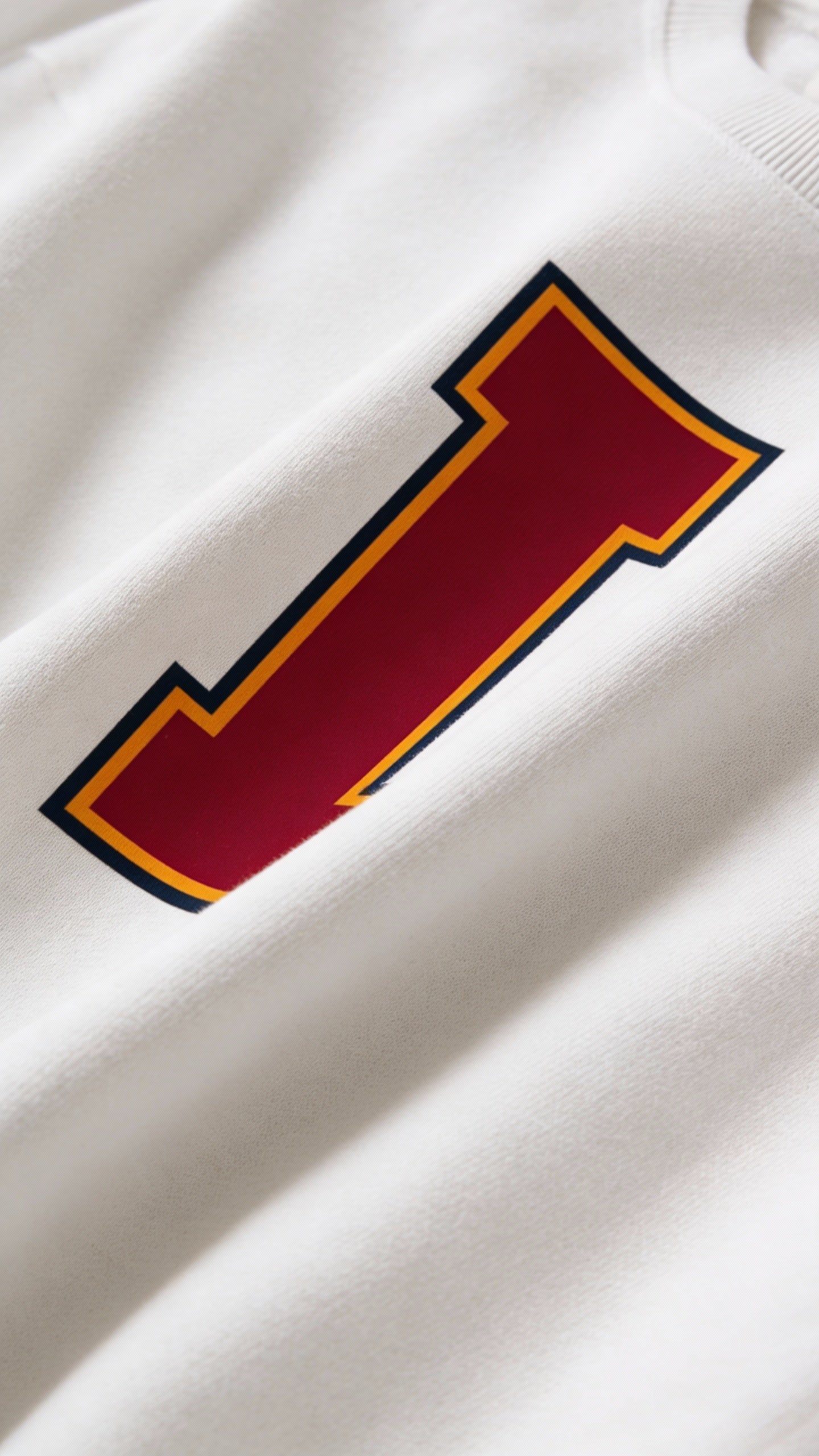 Close-up of varsity monogram letter I print on White cotton sweatshirt