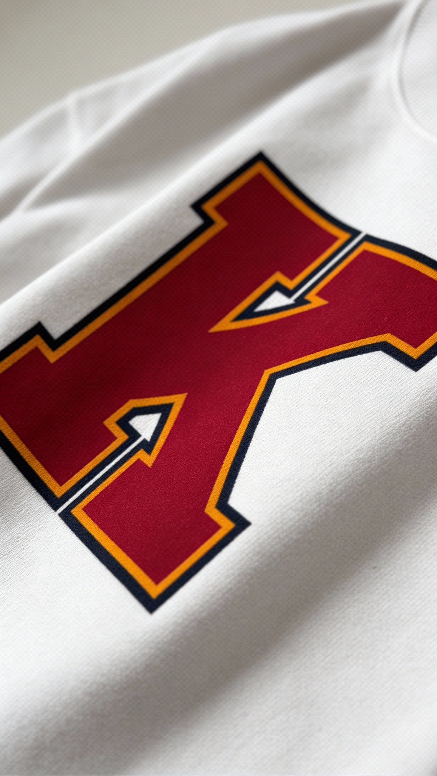Close-up of varsity monogram letter K print on White cotton sweatshirt