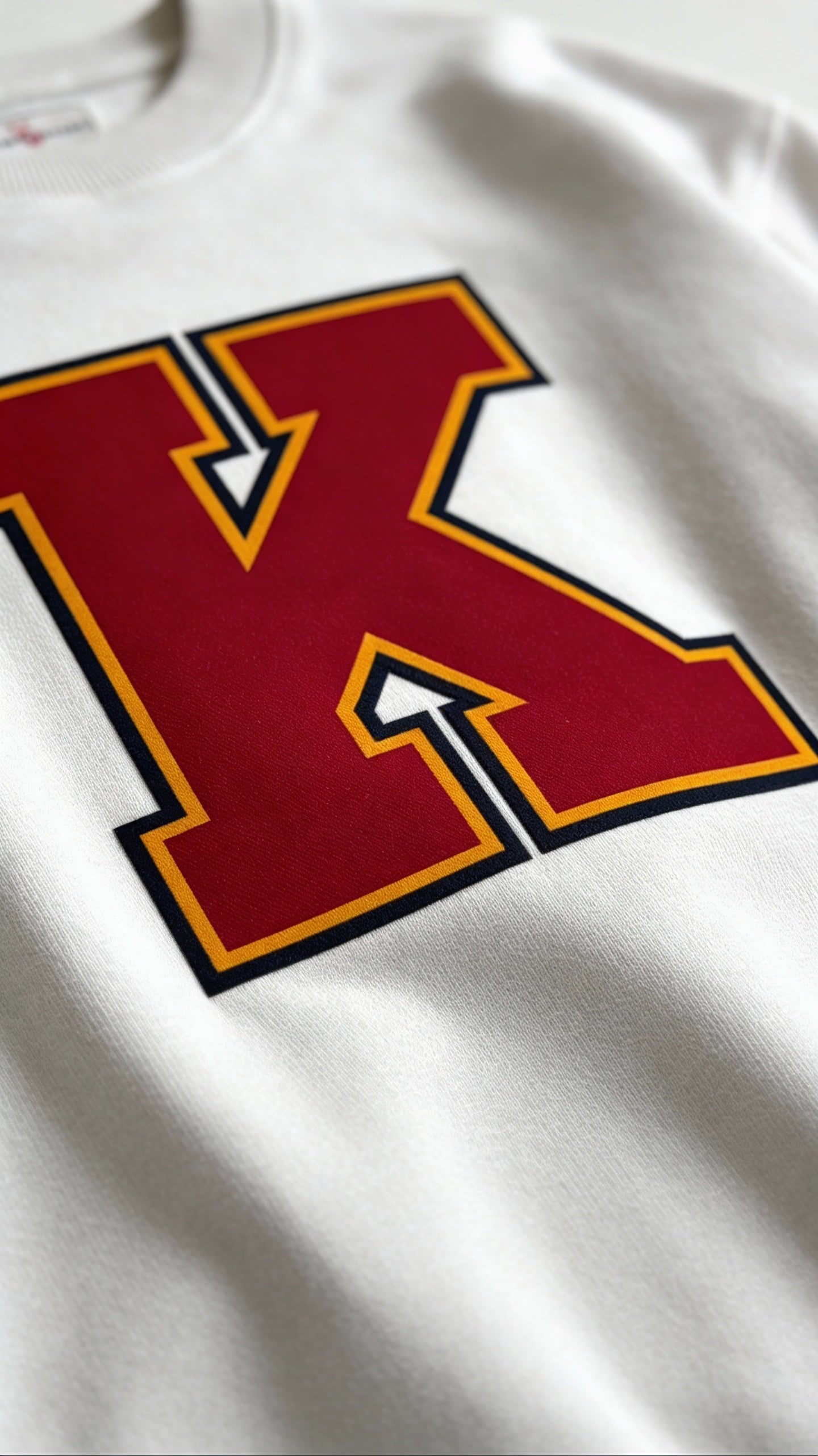 Close-up of varsity monogram letter K print on White cotton sweatshirt