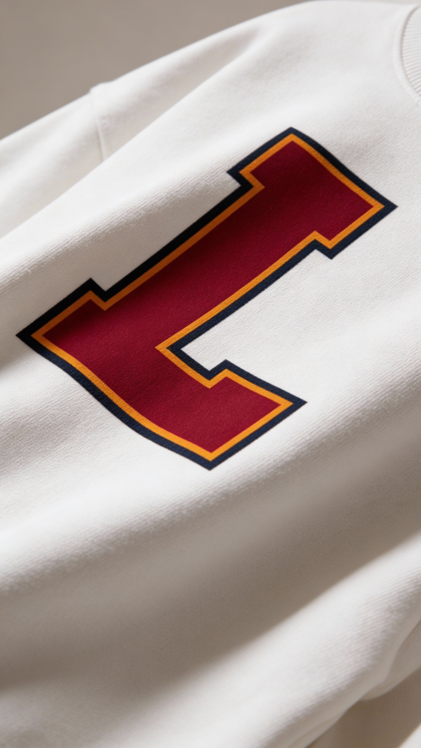 Close-up of varsity monogram letter L print on White cotton sweatshirt