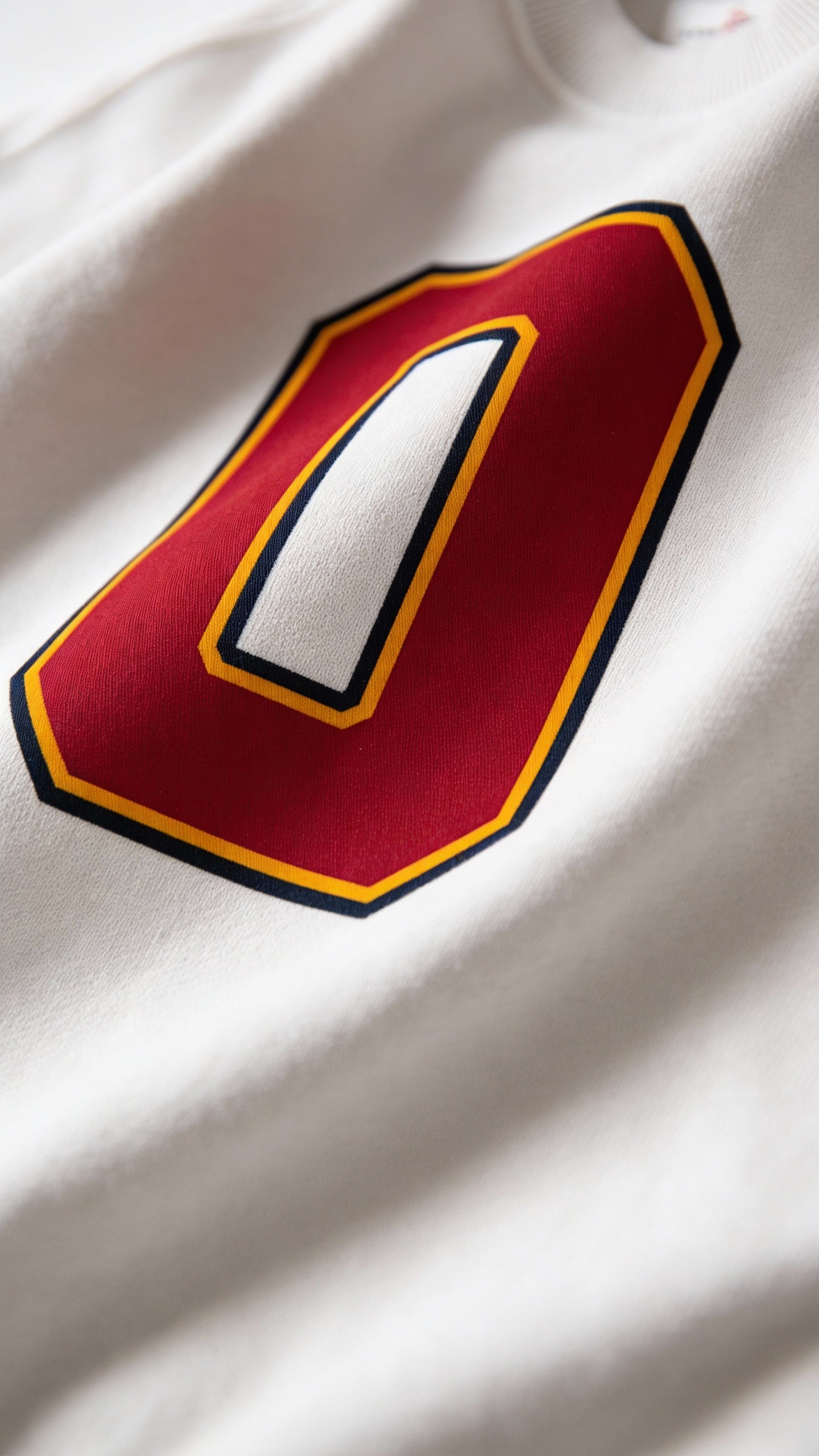 Close-up of varsity monogram letter O print on White cotton sweatshirt