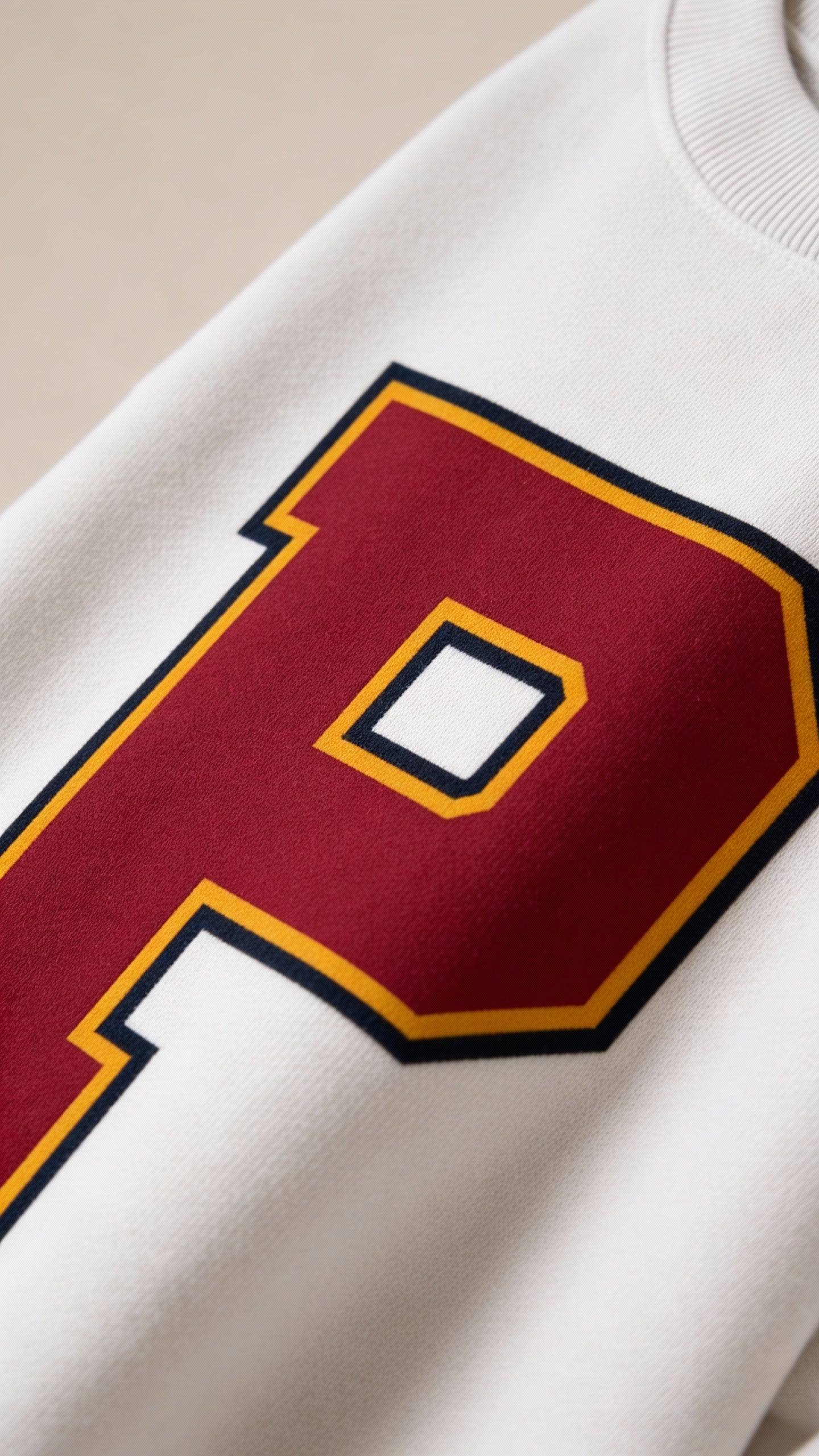 Close-up of varsity monogram letter P print on White cotton sweatshirt