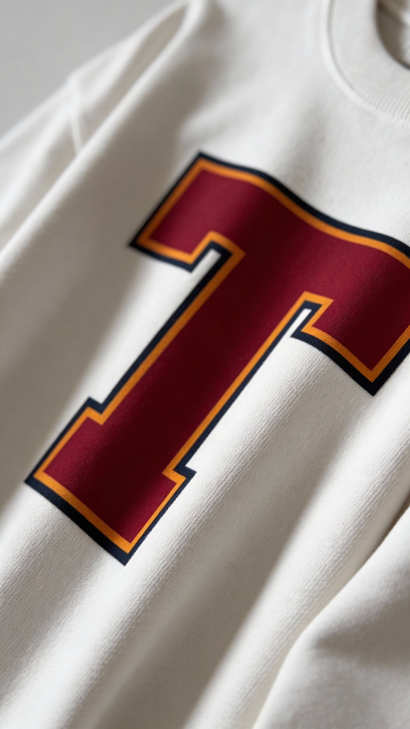 Close-up of varsity monogram letter T print on White cotton sweatshirt