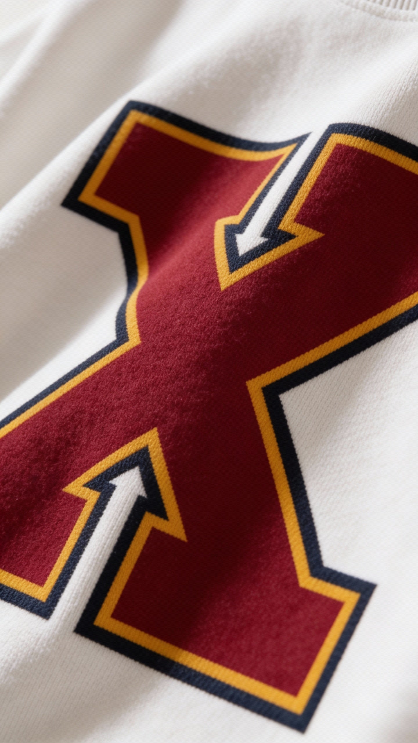 Close-up of varsity monogram letter X print on White cotton sweatshirt