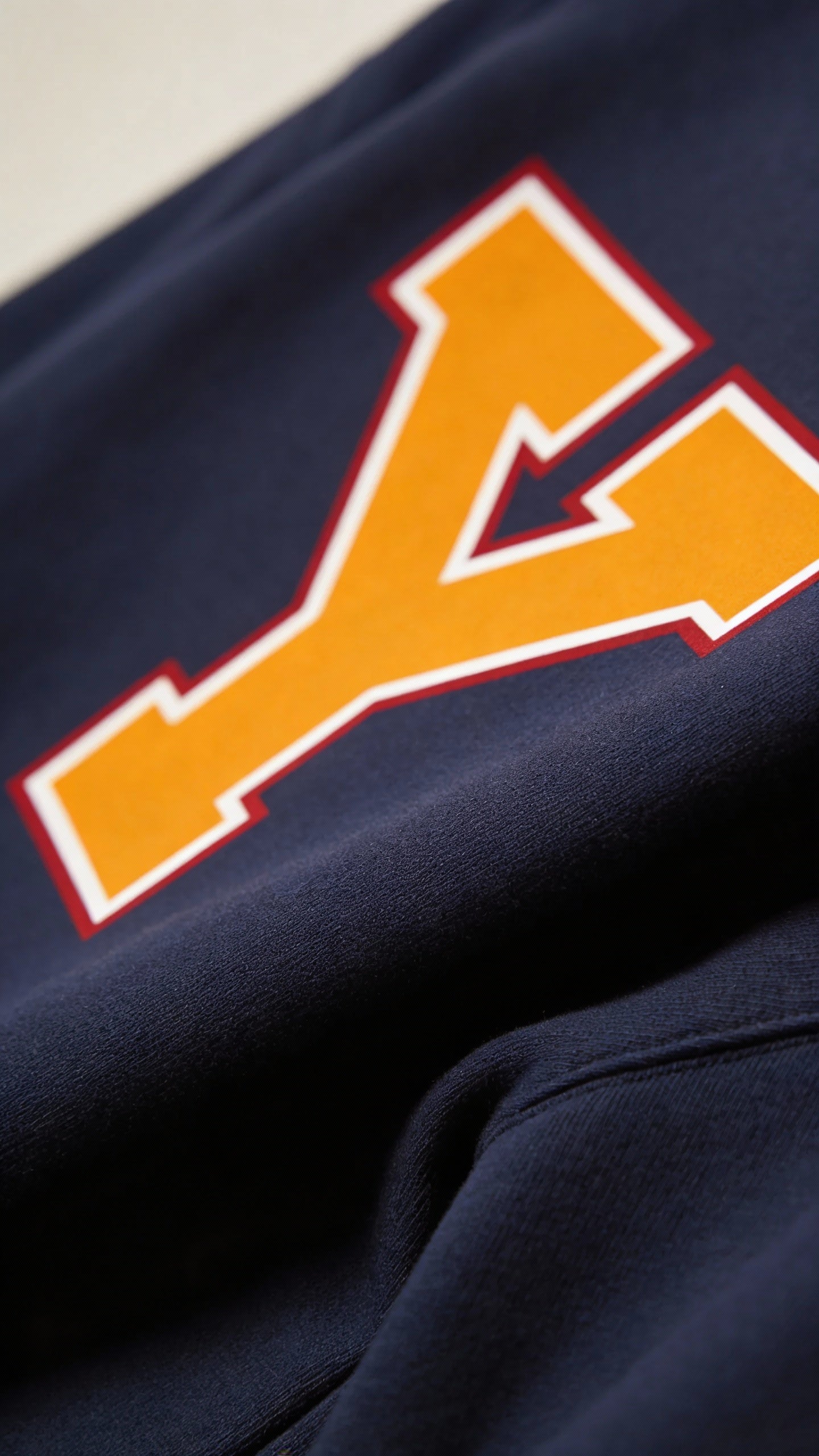 Close-up of varsity monogram letter Y print on French Navy cotton sweatshirt