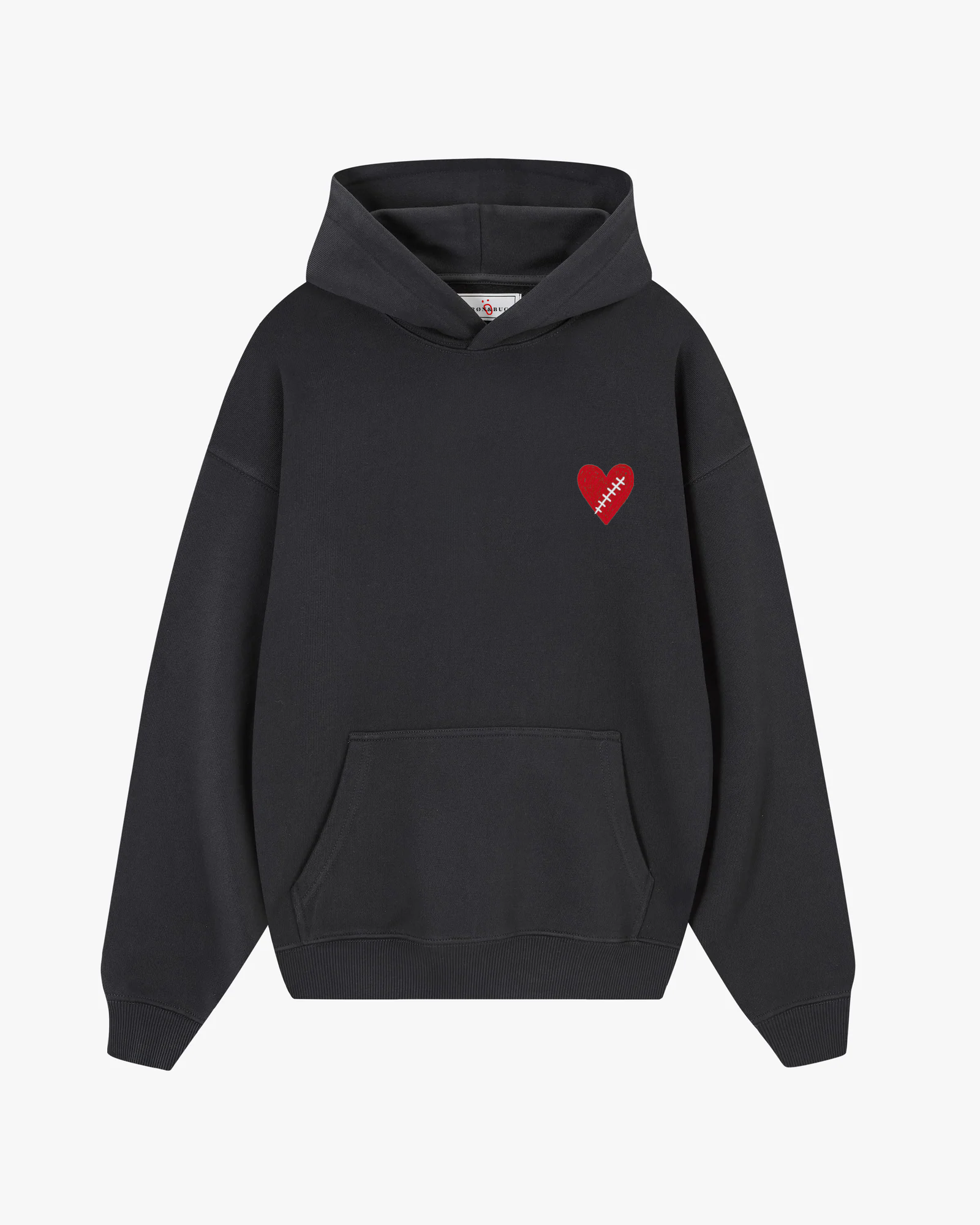 Front view of Baron & Buck ash hoodie featuring a heart with stitches — a soft, poetic streetwear statement.