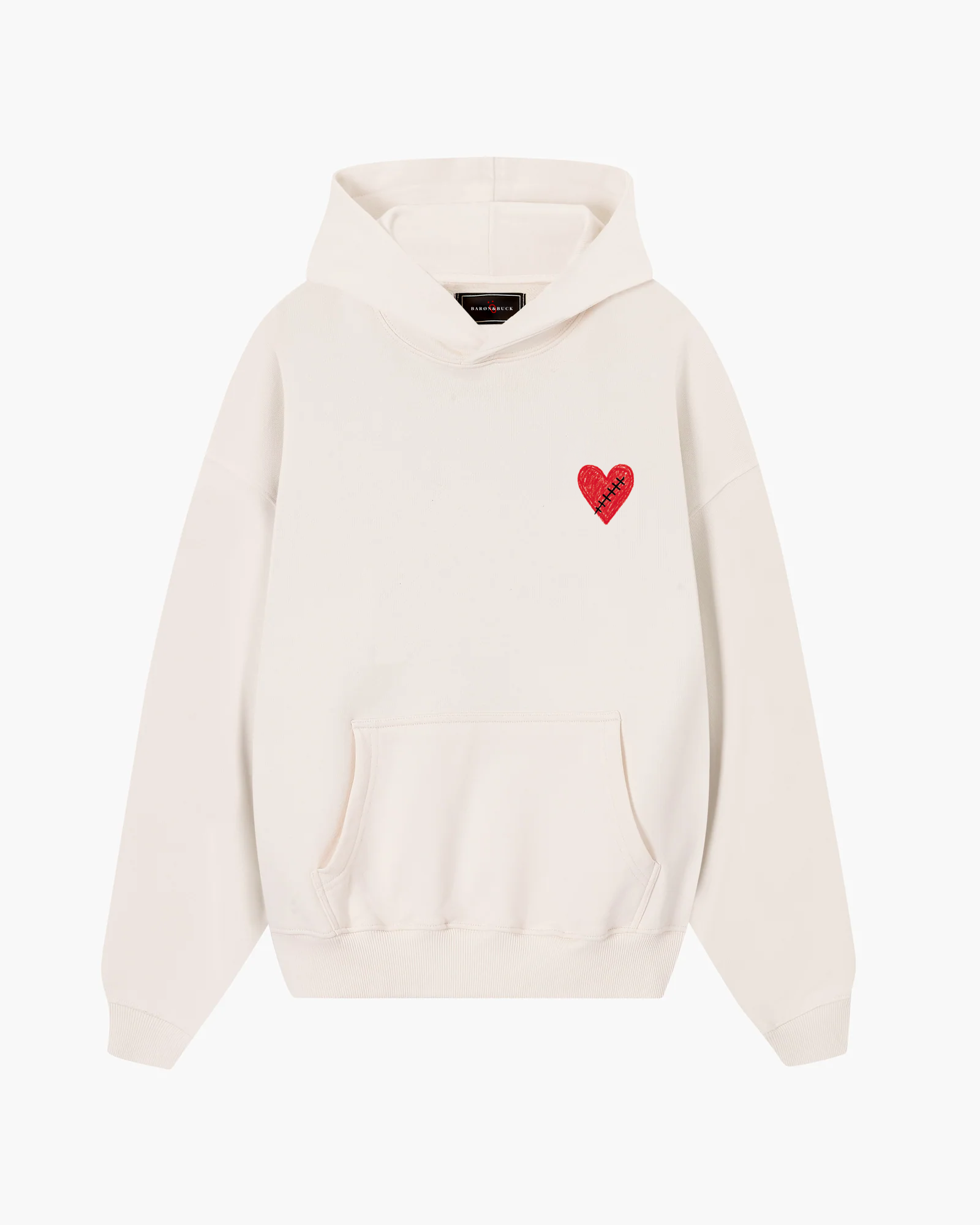 Front view of Baron & Buck marshmallow hoodie featuring a heart with stitches — a soft, poetic streetwear statement.