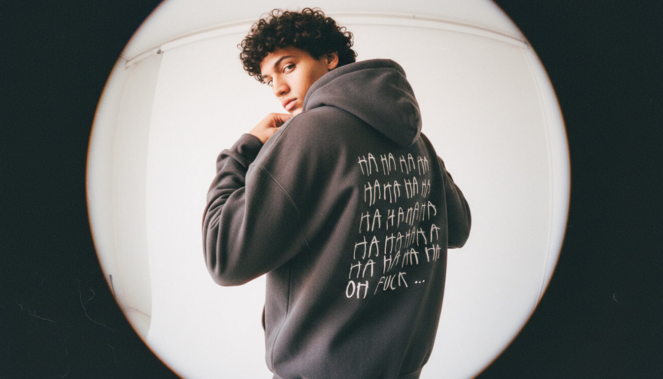 Oversized dark gray graphic hoodie with repeated “HA HA HA” text on the back, photographed from behind using a fisheye lens. Streetwear winter hoodie, unisex loungewear.