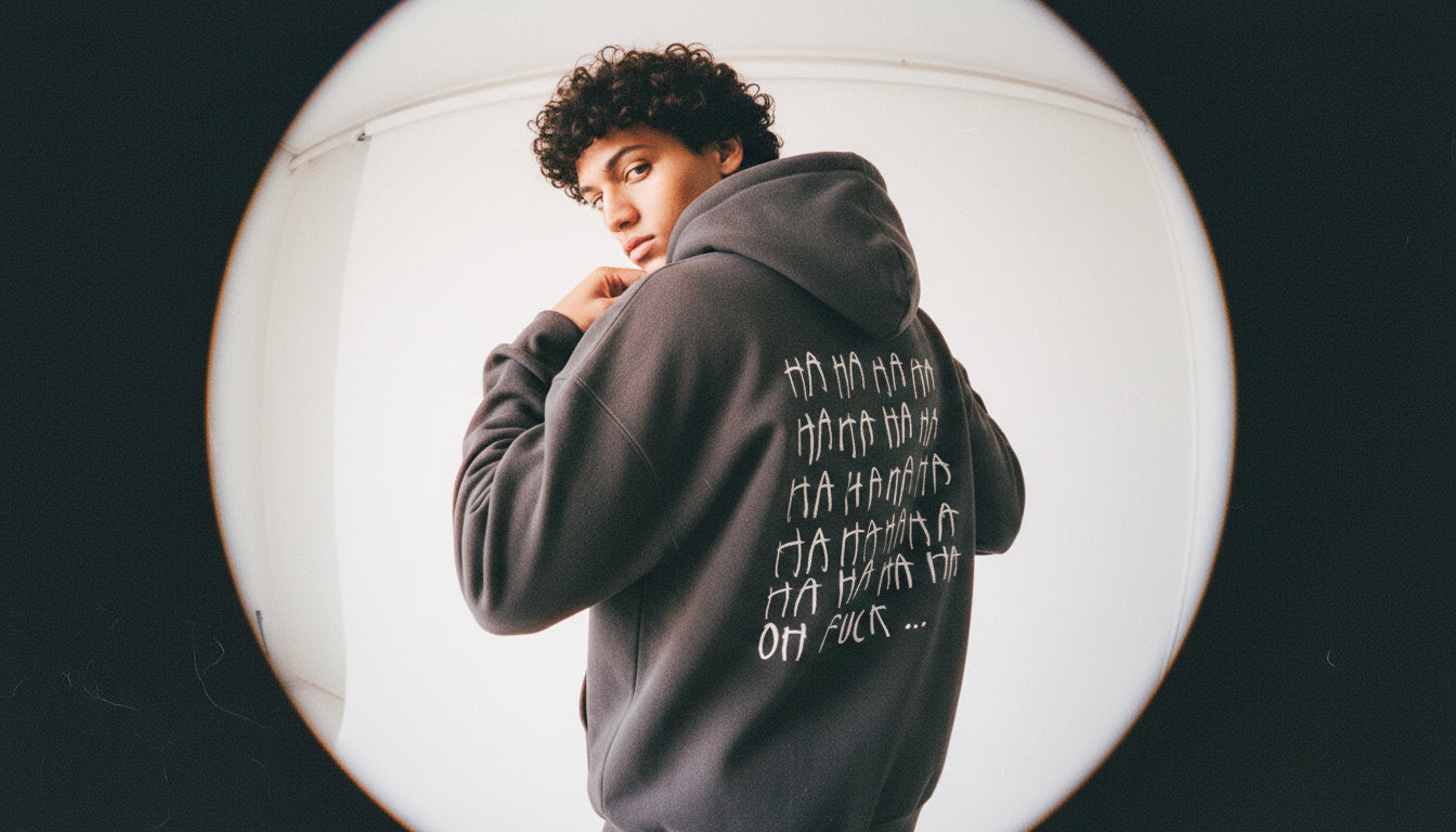 Oversized dark gray graphic hoodie with repeated “HA HA HA” text on the back, photographed from behind using a fisheye lens. Streetwear winter hoodie, unisex loungewear.