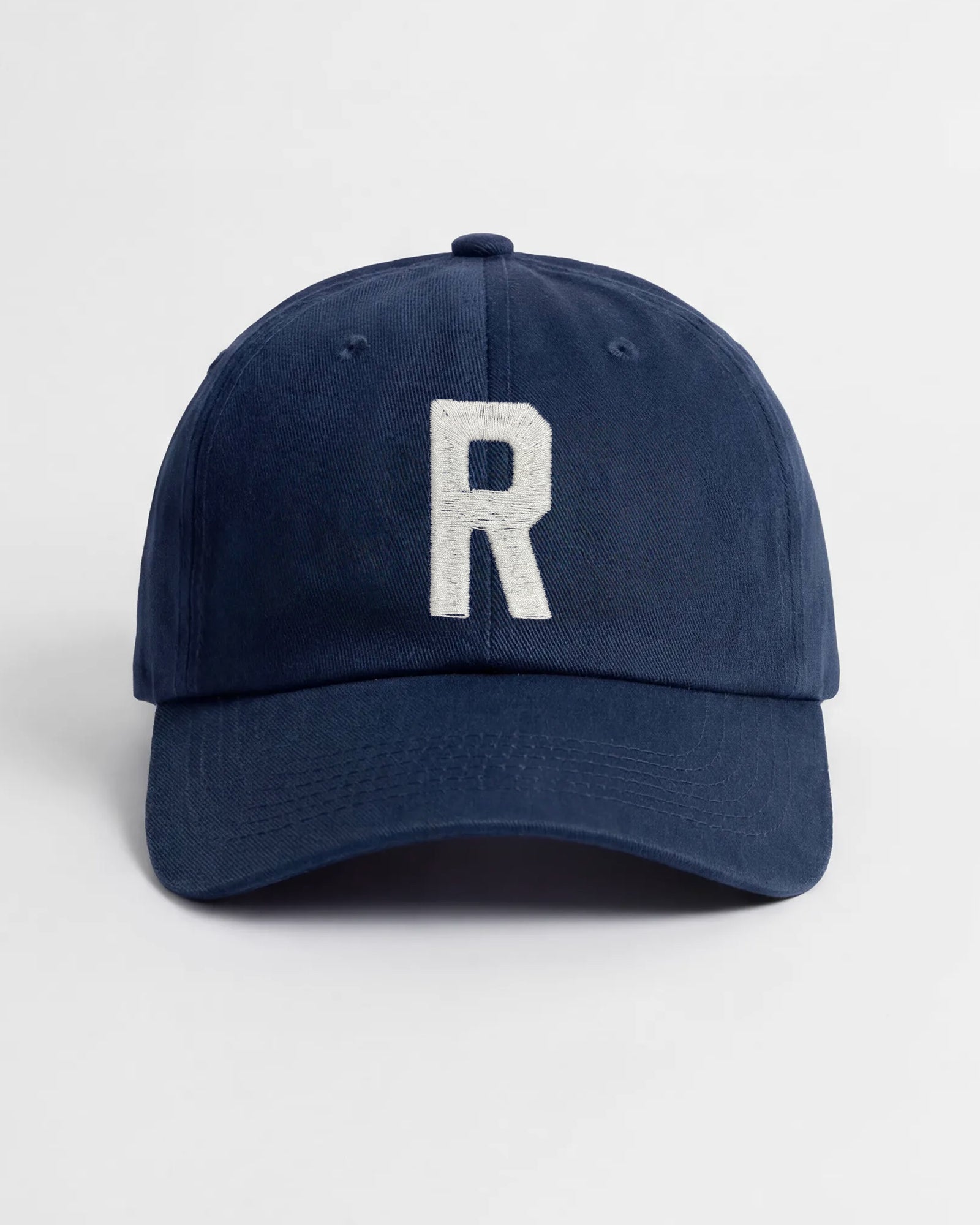 Harbour Monogram Navy cotton cap with embroidered letter R by Baron & Buck
