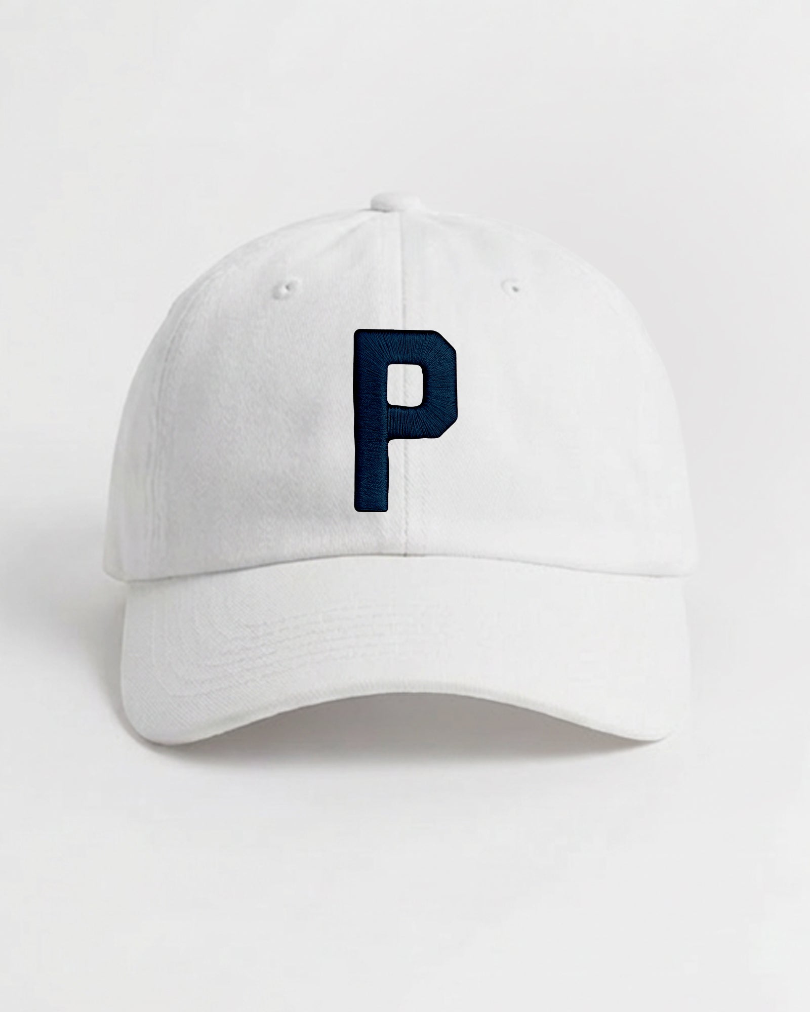 Harbour Monogram White cotton cap with embroidered letter P by Baron & Buck