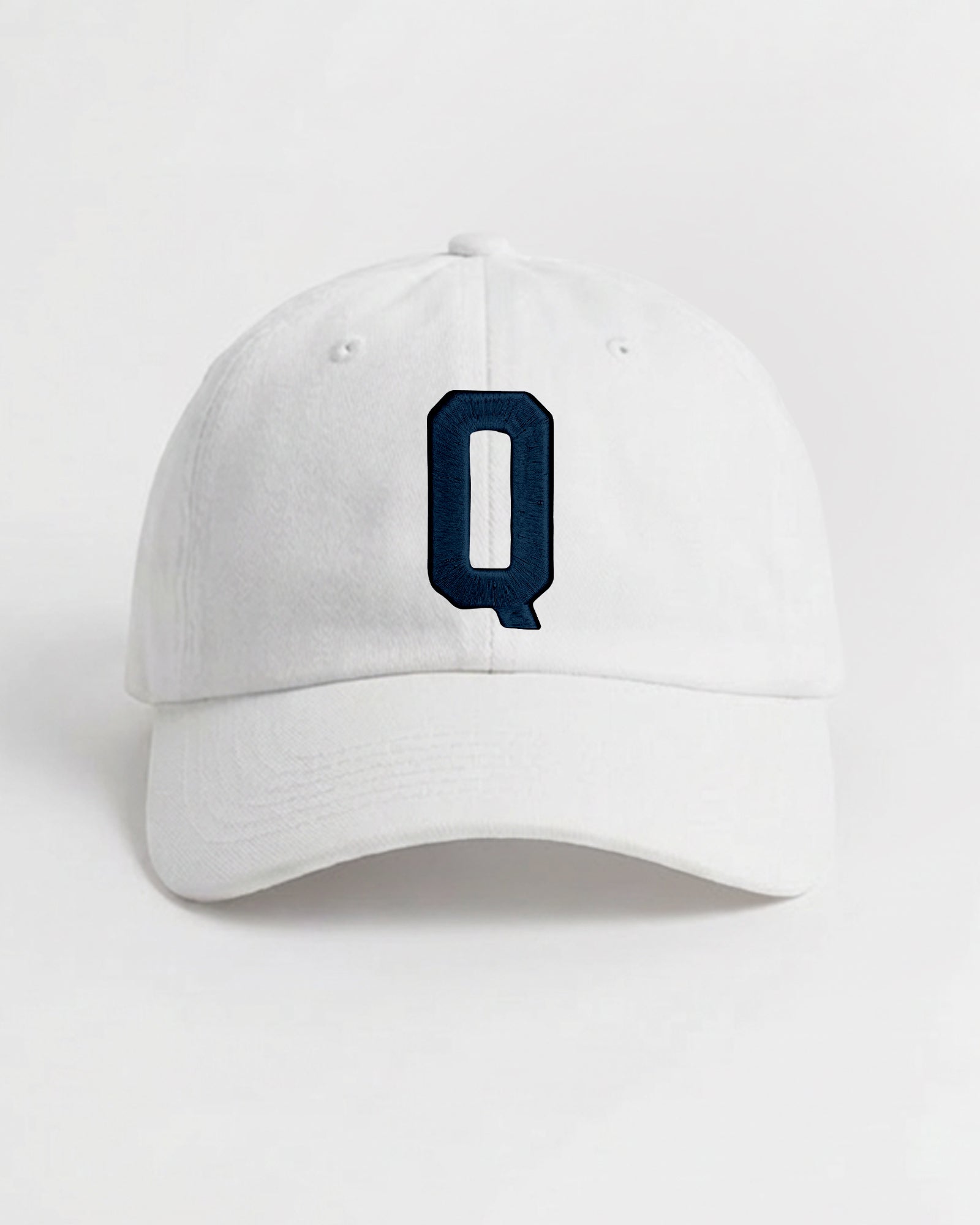 Harbour Monogram White cotton cap with embroidered letter Q by Baron & Buck