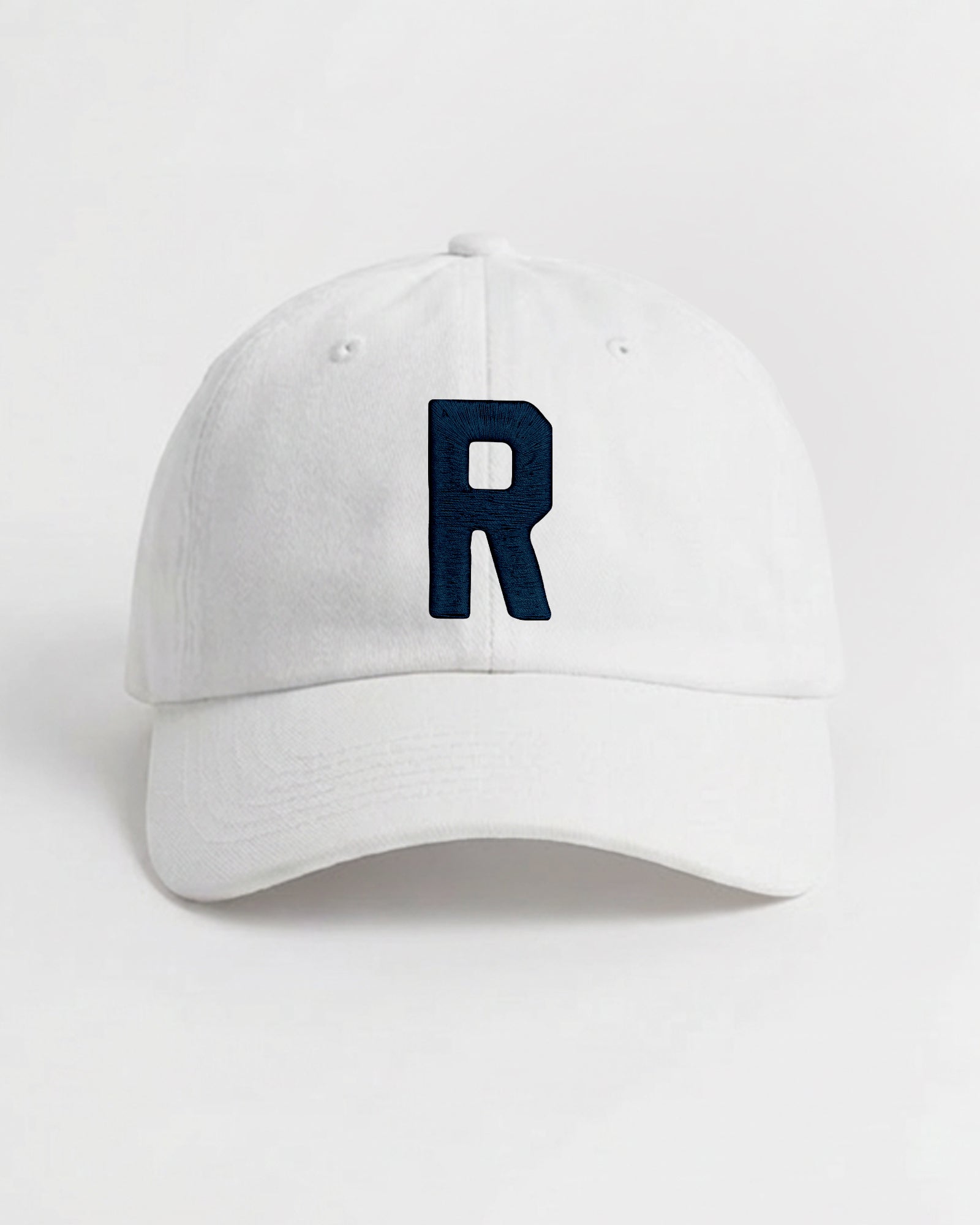 Harbour Monogram White cotton cap with embroidered letter R by Baron & Buck
