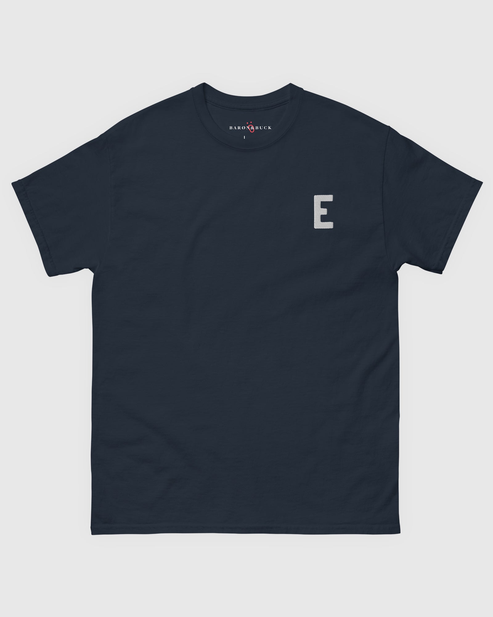 Harbour Monogram Navy heavyweight t-shirt with blue embroidered letter E by Baron & Buck