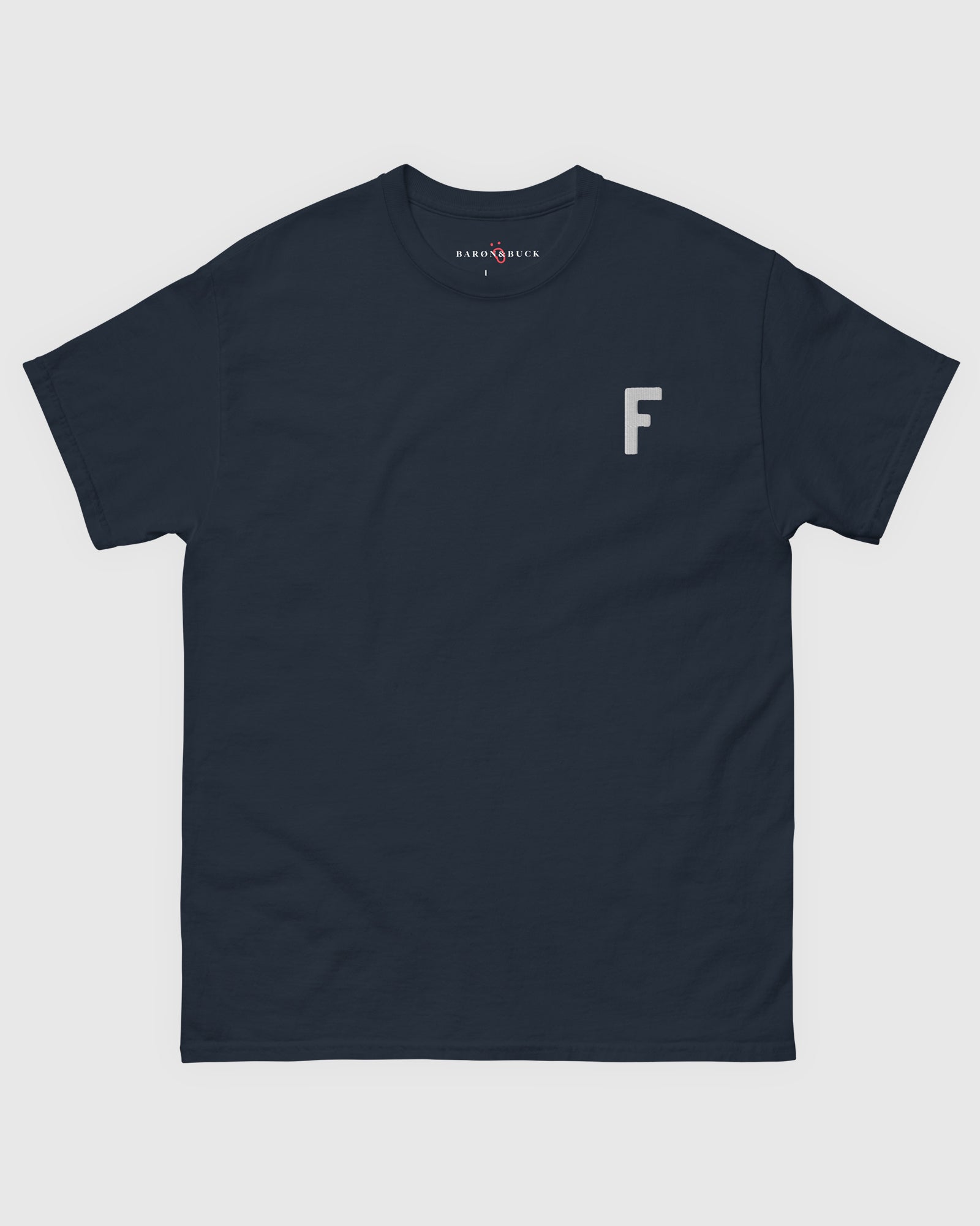 Harbour Monogram Navy heavyweight t-shirt with blue embroidered letter F by Baron & Buck