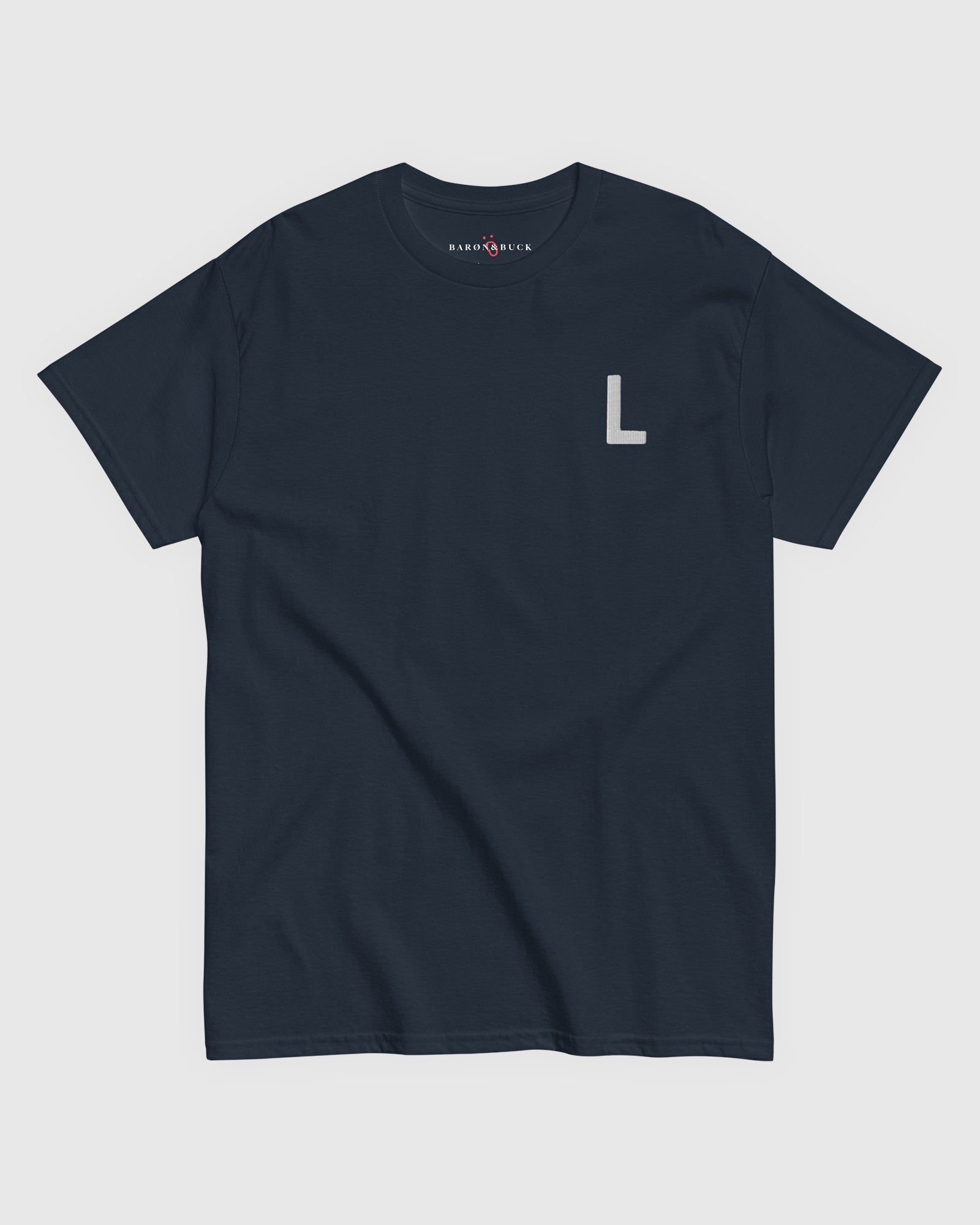 Harbour Monogram Navy heavyweight t-shirt with blue embroidered letter L by Baron & Buck