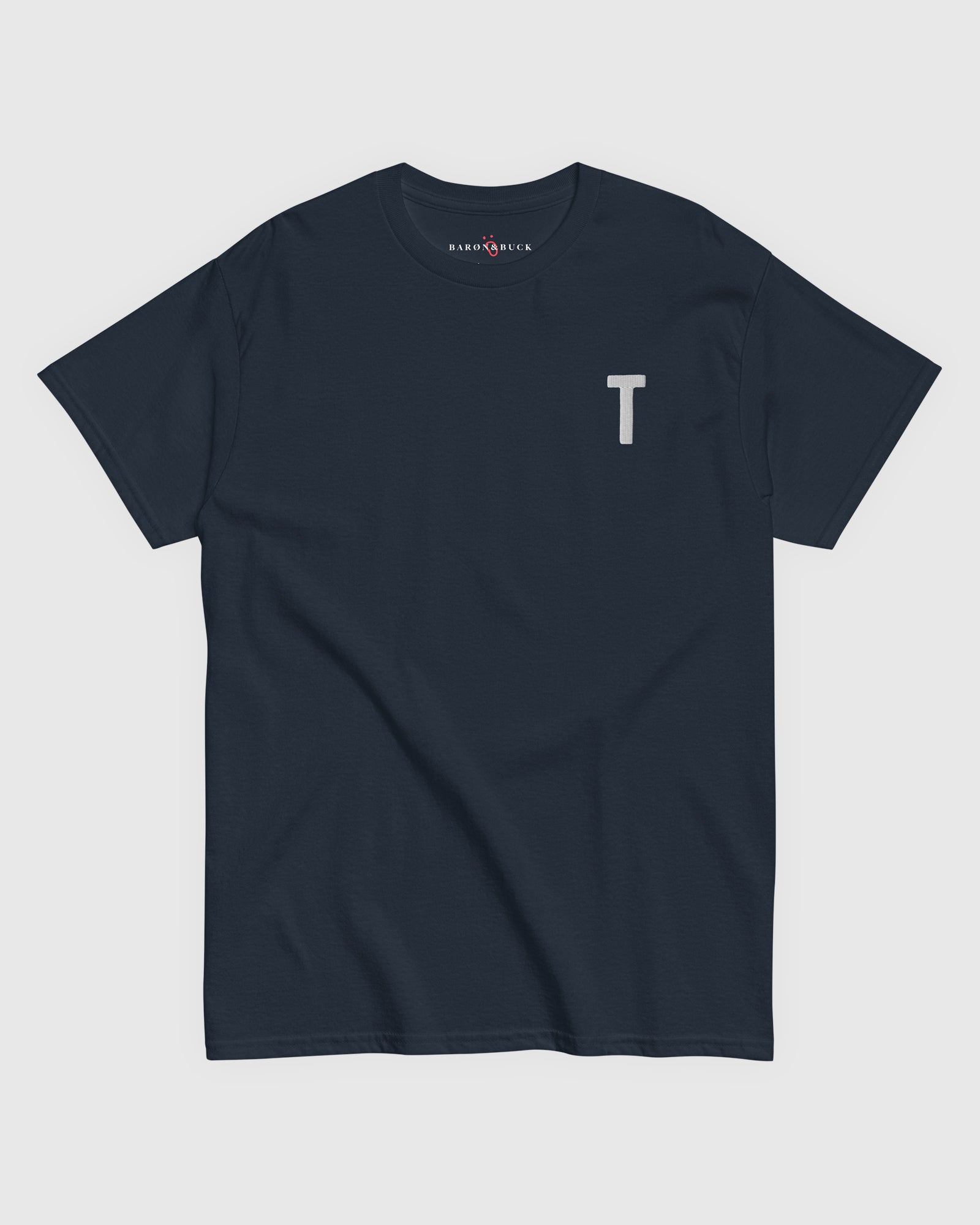 Harbour Monogram Navy heavyweight t-shirt with blue embroidered letter T by Baron & Buck