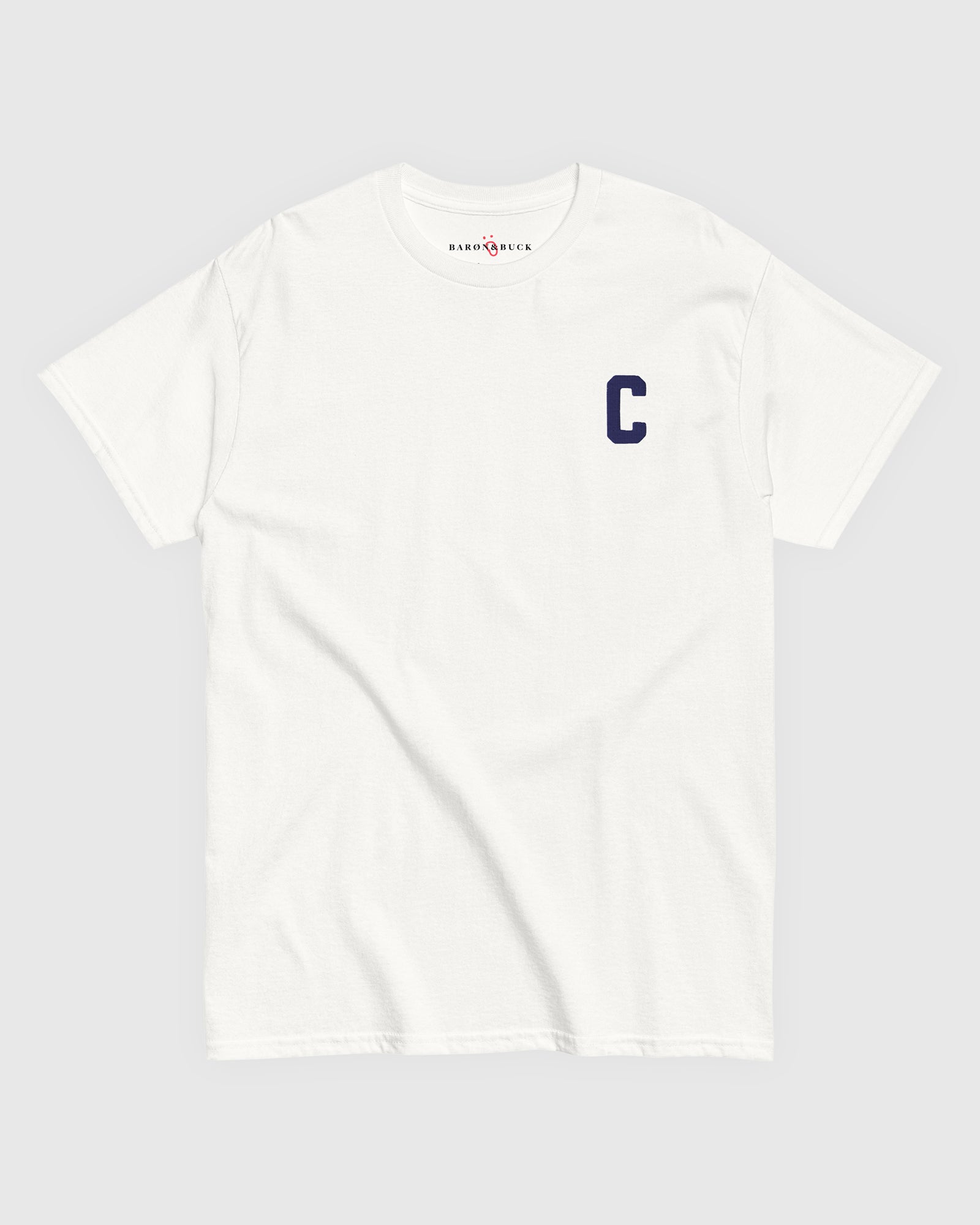 Harbour Monogram White heavyweight t-shirt with blue embroidered letter C by Baron & Buck