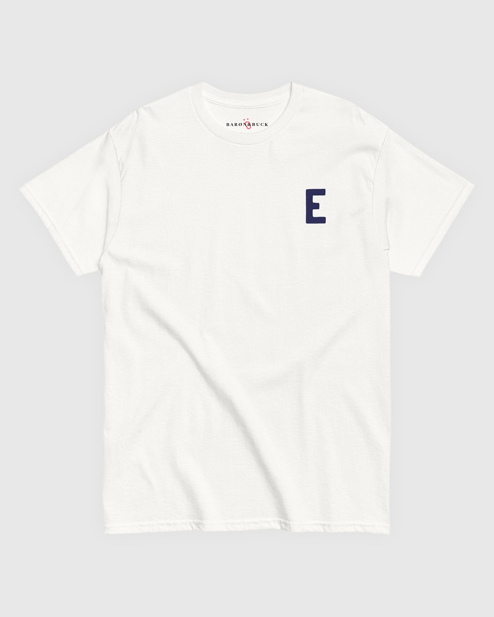 Harbour Monogram White heavyweight t-shirt with blue embroidered letter E by Baron & Buck