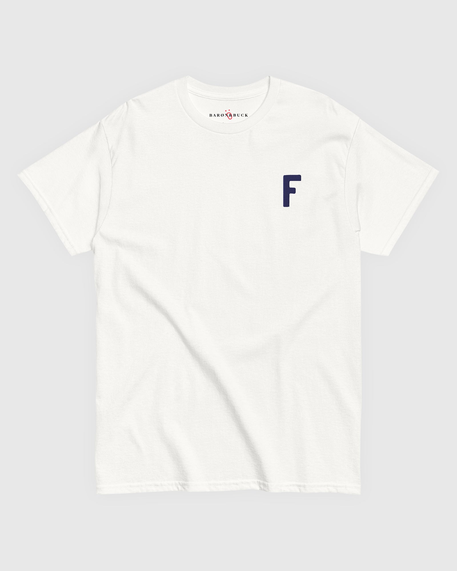 Harbour Monogram White heavyweight t-shirt with blue embroidered letter F by Baron & Buck