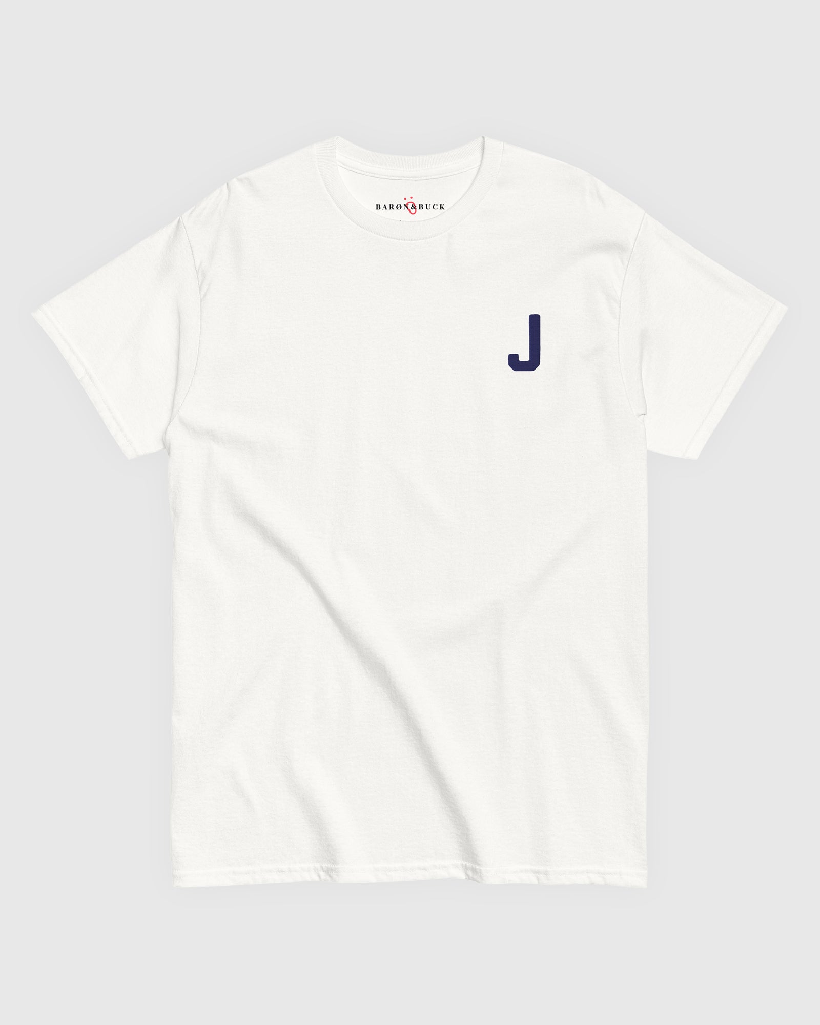 Harbour Monogram White heavyweight t-shirt with blue embroidered letter J by Baron & Buck