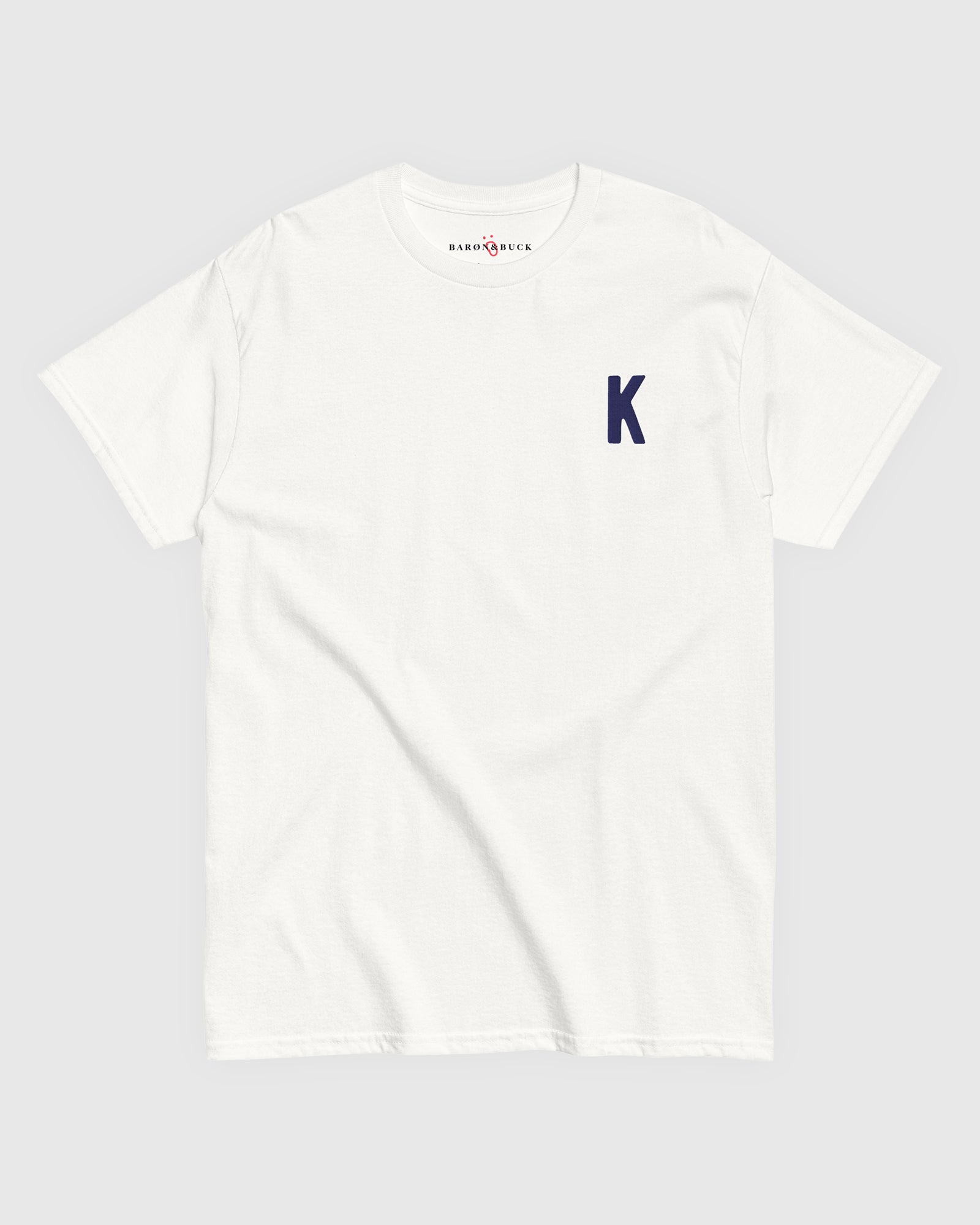 Harbour Monogram White heavyweight t-shirt with blue embroidered letter K by Baron & Buck