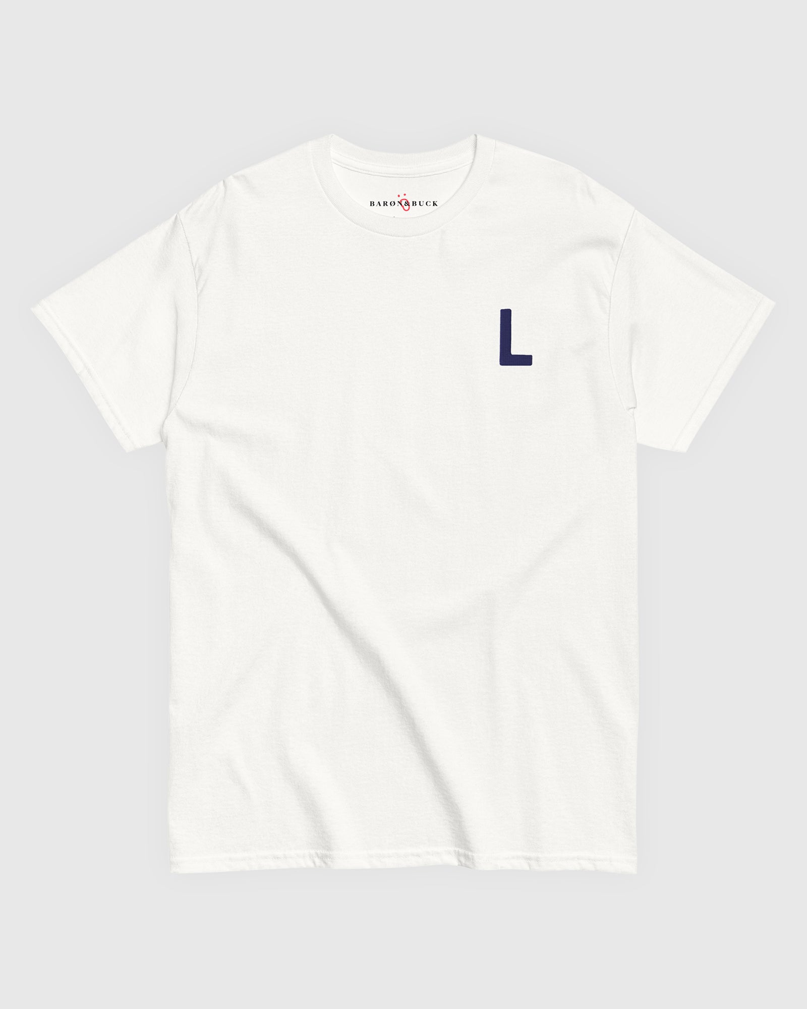 Harbour Monogram White heavyweight t-shirt with blue embroidered letter L by Baron & Buck