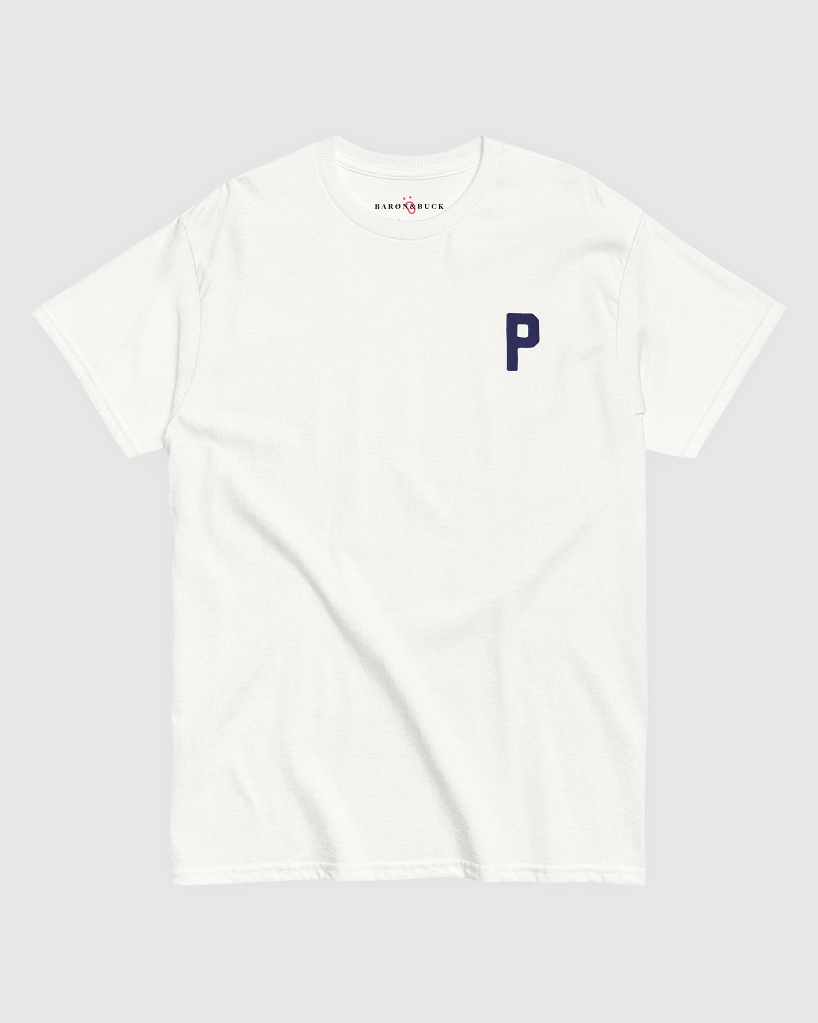 Harbour Monogram White heavyweight t-shirt with blue embroidered letter P by Baron & Buck