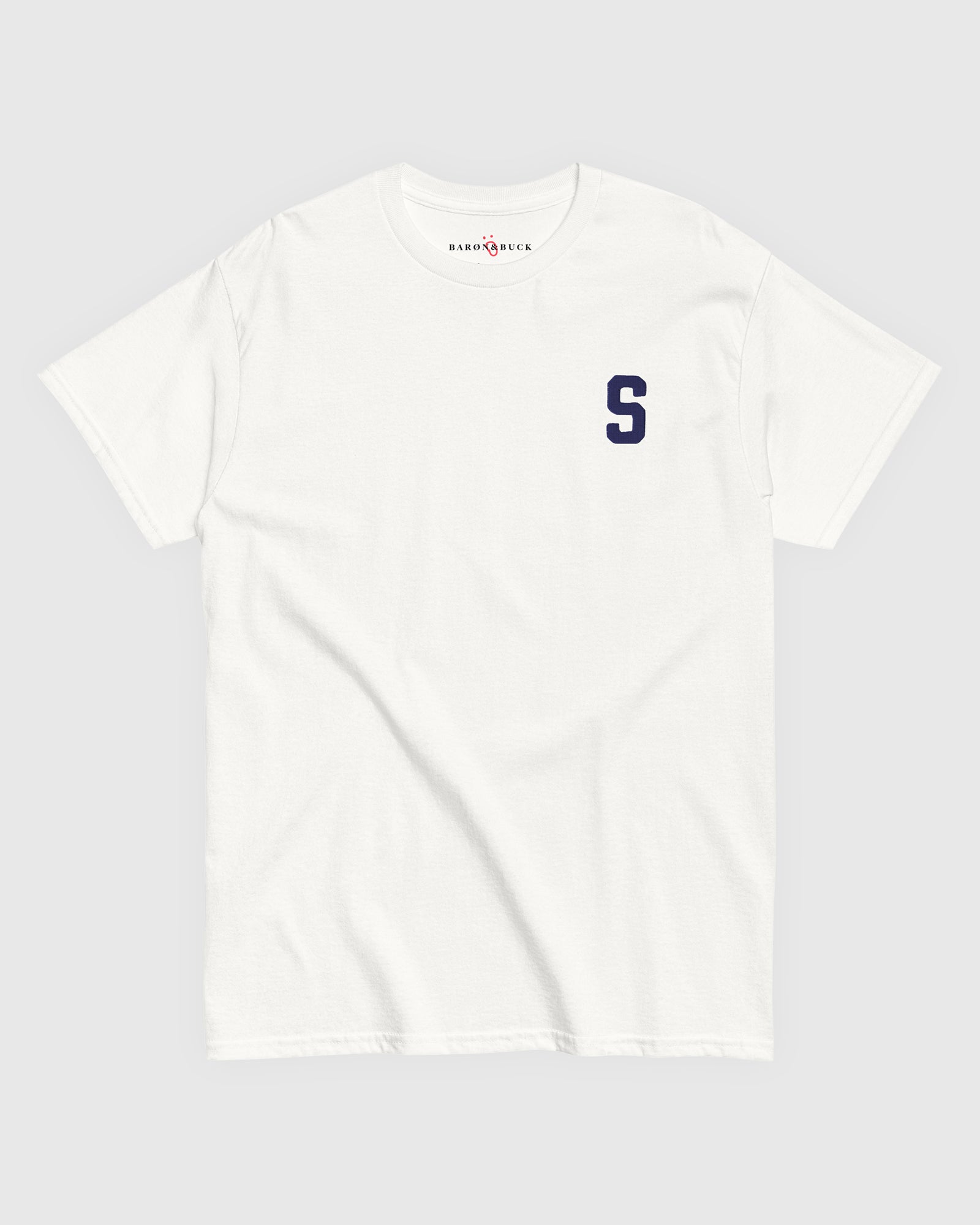 Harbour Monogram White heavyweight t-shirt with blue embroidered letter S by Baron & Buck